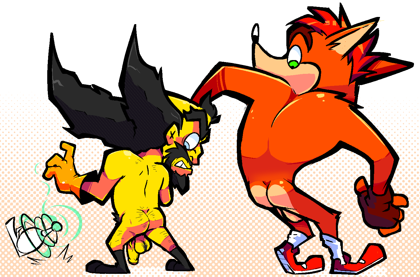 2boys ass balls black_hair crash_(series) crash_bandicoot doctor_neo_cortex male_only naughtybassard neo_cortex nude orange_fur penis torquewintress yellow_body