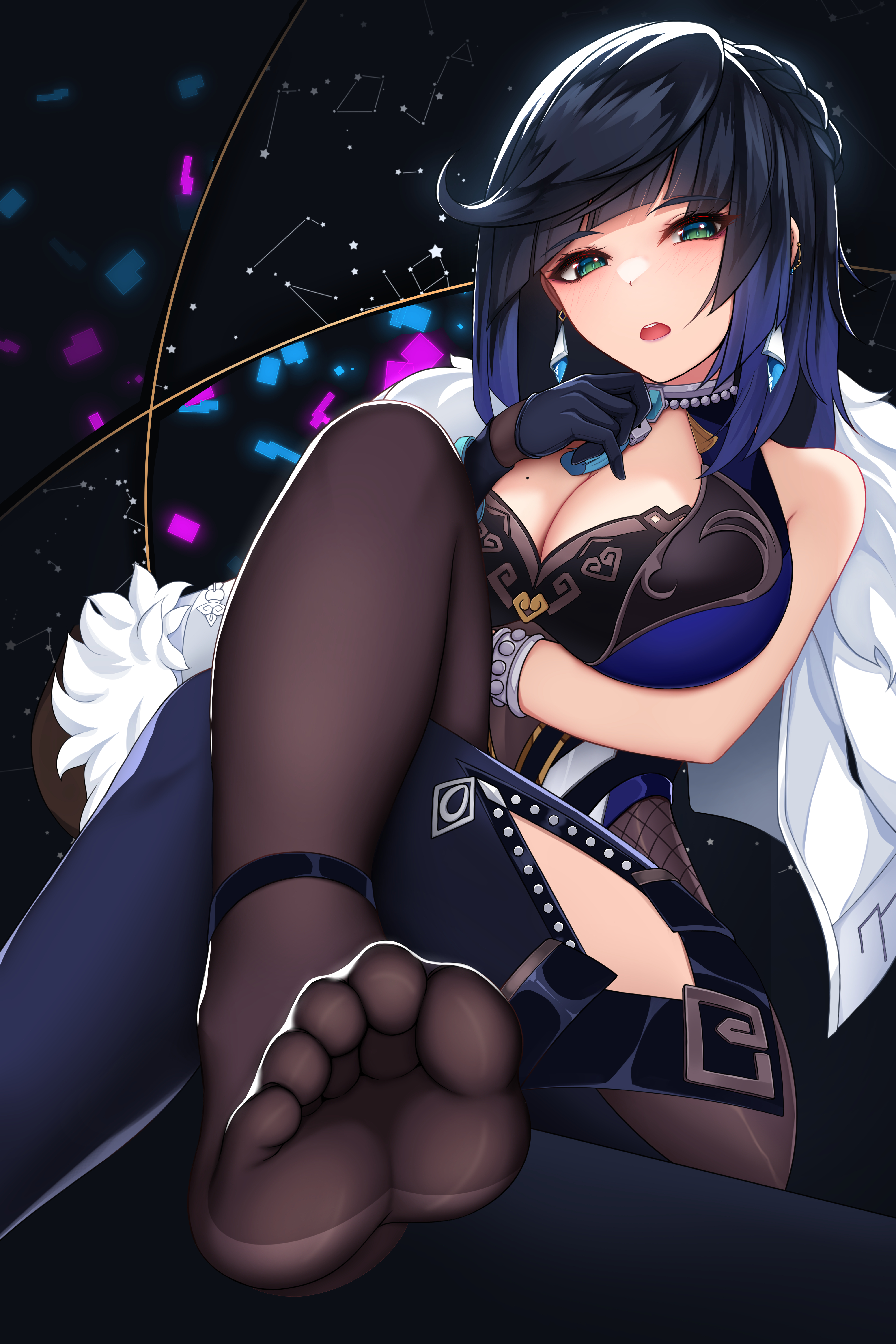 1girls, 2022, absurd res, beauty mark, black hair, blush, breasts, clothed, clothed female, crossed legs, damao yu, feet, feet in stockings, female, female only, foot fetish, genshin impact, green eyes, hips, huge breasts, looking at viewer, mole on breast, short hair, slim waist, soles, stirrup legwear, thick thighs, thighs, wide hips, yelan (genshin impact)