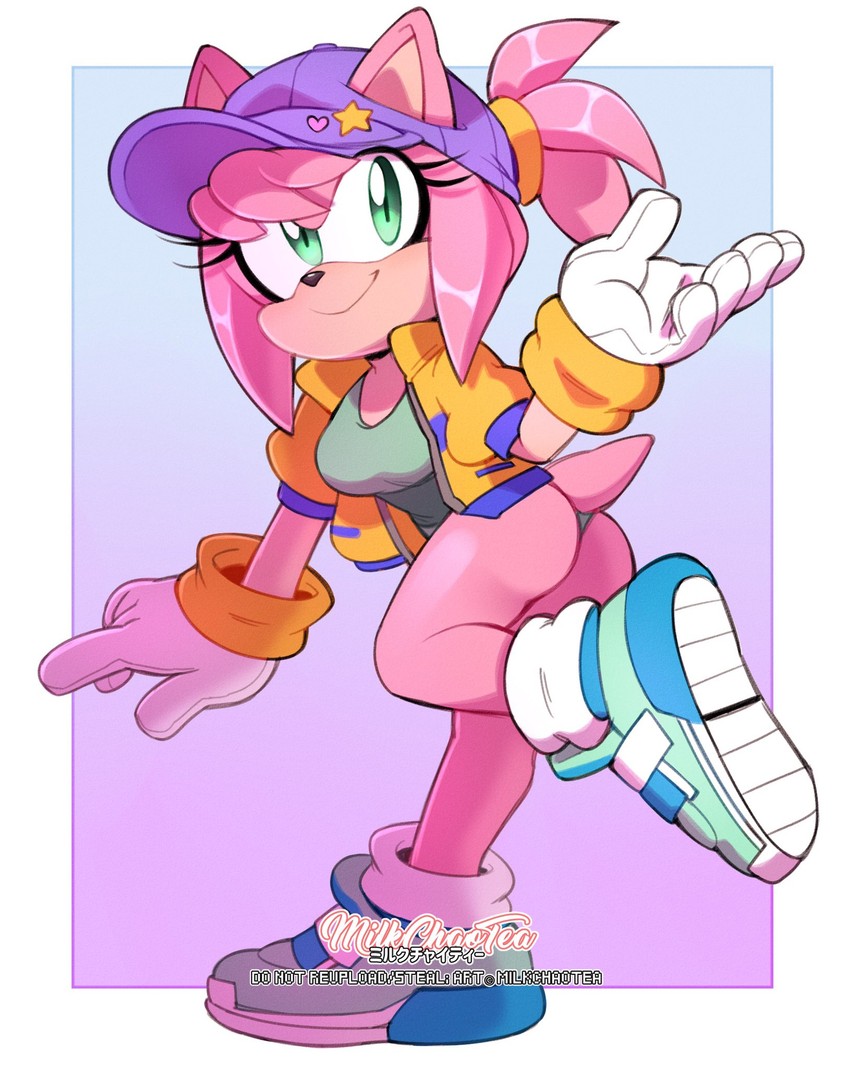 alternate_costume amy_rose ass big_hands footwear gloves hat jacket kaijumilk milkchaotea no_pants panties shoes sonic_(series)