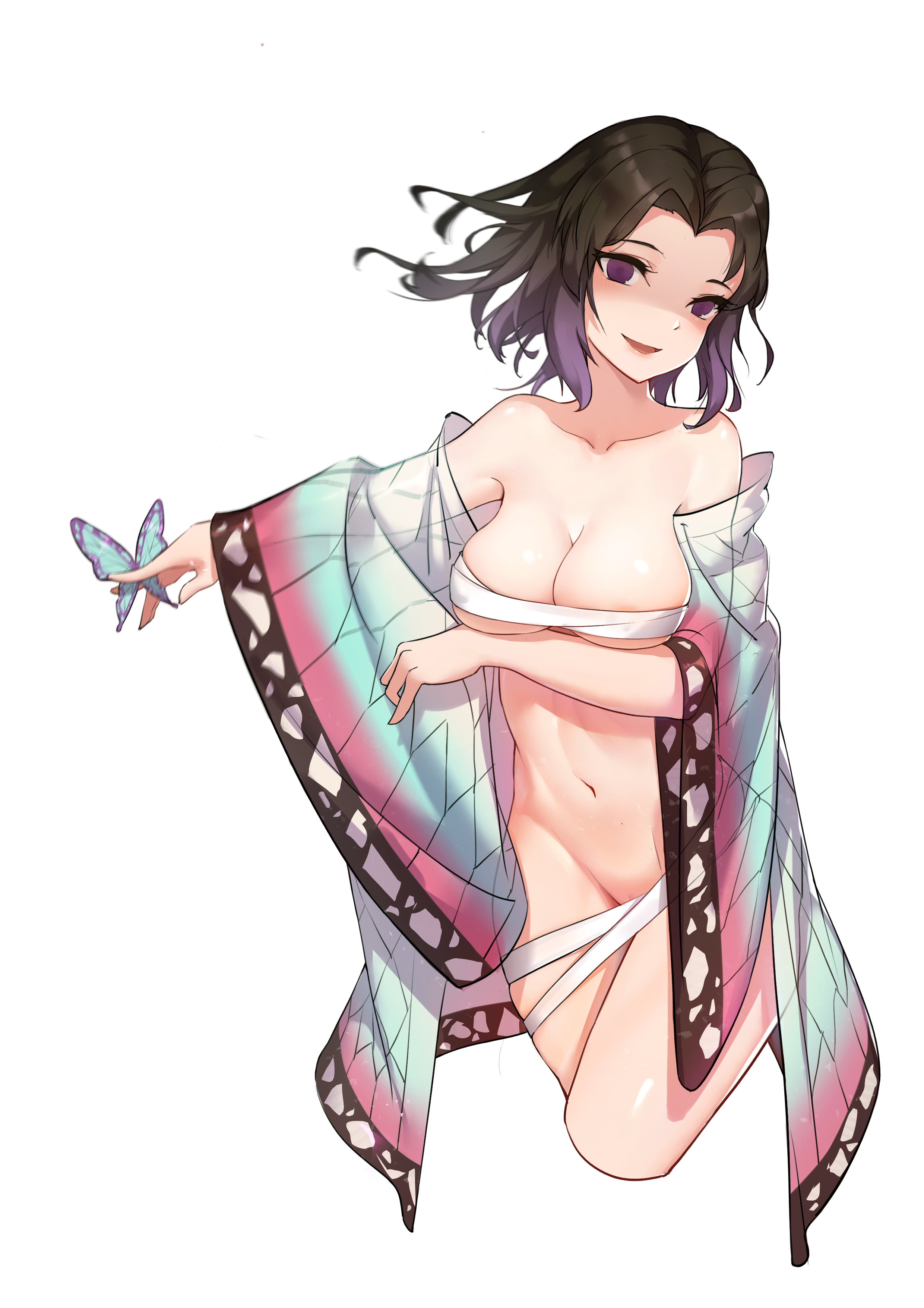 1girls, arm under breasts, bandages, bandeau, big breasts, black hair, breasts, cleavage, convenient censoring, demon slayer, female, female only, hair down, haori, kimetsu no yaiba, kochou shinobu, looking at viewer, medium hair, off shoulder, partially clothed, purple eyes, purple hair, purple-haired female, pussy, pussy peek, see-through clothing, shaved pussy, smile, solo, two-tone hair, underboob, wavy hair, wide hips