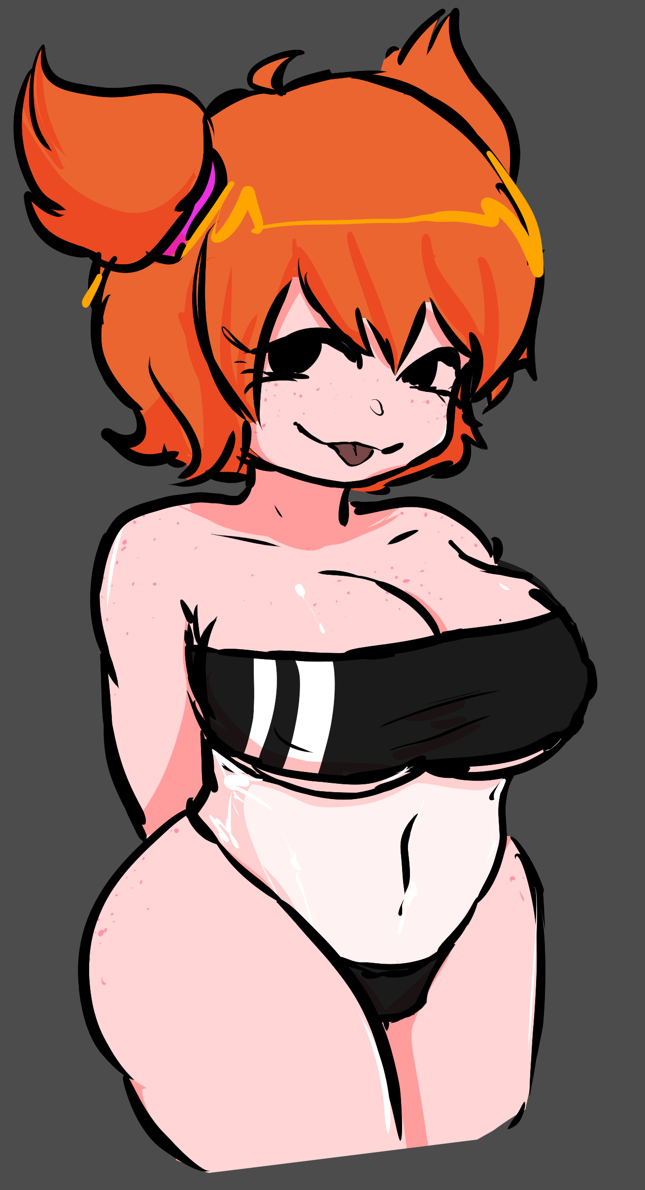 :3, arms behind back, breasts, cute, d-side girlfriend, female, female only, freckles, friday night funkin, friday night funkin (d-side), friday night funkin mod, girlfriend (friday night funkin), gris swimsuit, hairband, orange hair, panties, simple background, space buns, swimsuit, tagme, tatsu1014, thick thighs, tongue, tongue out