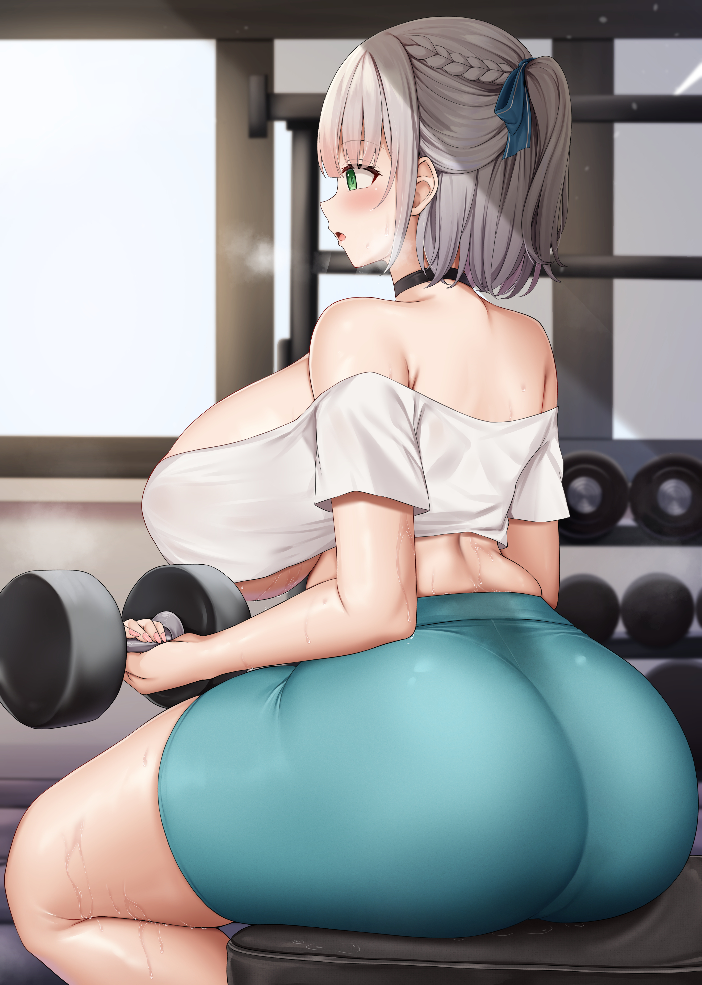 1girls, absurd res, ass, big ass, big breasts, big butt, blush, breasts, choker, female, green eyes, high resolution, hololive, hololive fantasy, hololive japan, huge ass, huge breasts, huge butt, kusana (dudqja602), shirogane noel, shorts, silver hair, sitting, solo, thick thighs, thighs, tied hair, virtual youtuber, visible breath