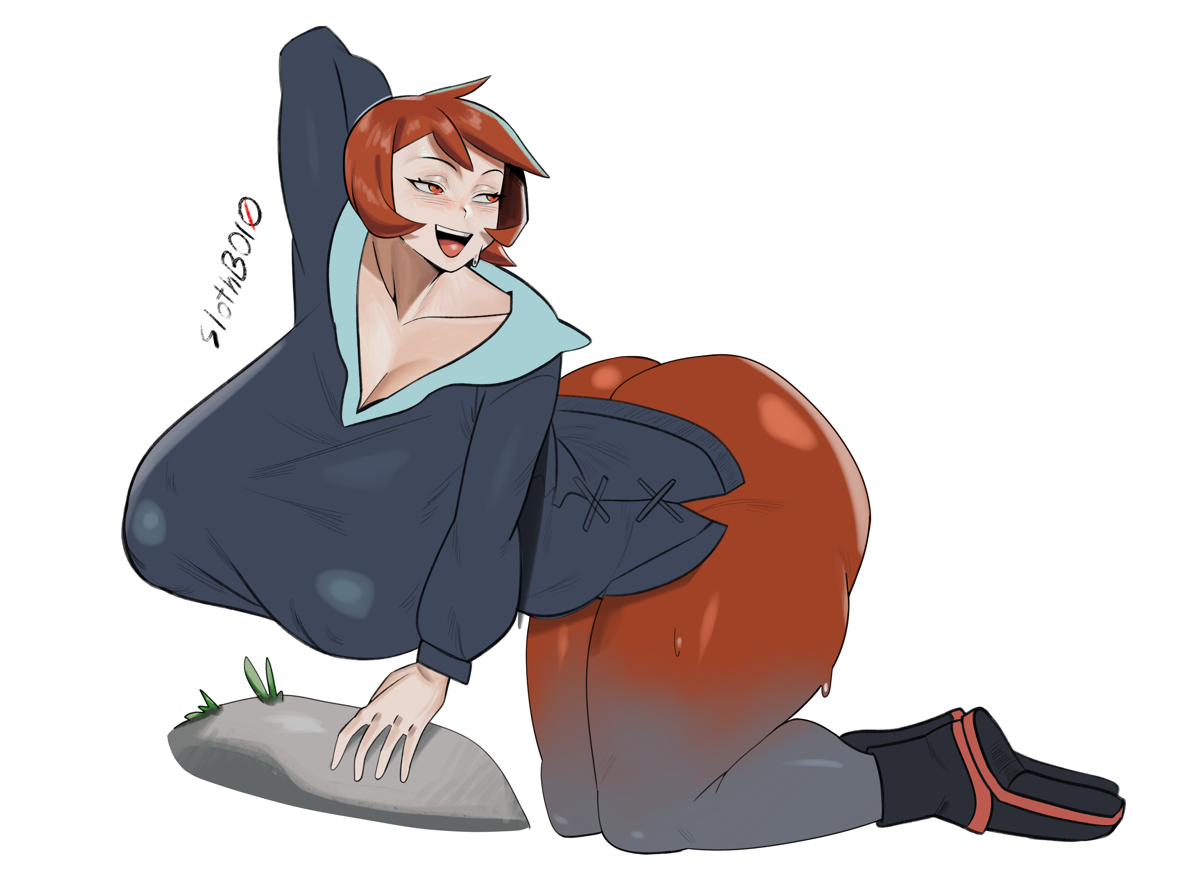 1girls, all fours, alternate breast size, arezu (pokemon), ass, big ass, big breasts, big butt, blush, breasts, female, fully clothed, game freak, giant breasts, huge ass, huge breasts, huge butt, massive breasts, nintendo, pokemon, pokemon legends: arceus, red eyes, red hair, short hair, slothboi, solo, sonnynsfw, thick thighs, thighs, voluptuous