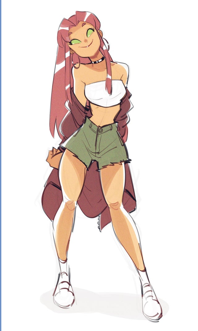 1girls, alien girl, choker, crop top, dc, dc comics, female, green eyes, hoop earrings, koriand'r, orange skin, shorts, sneakers, starfire, tagme, tagme (artist), tamaranean
