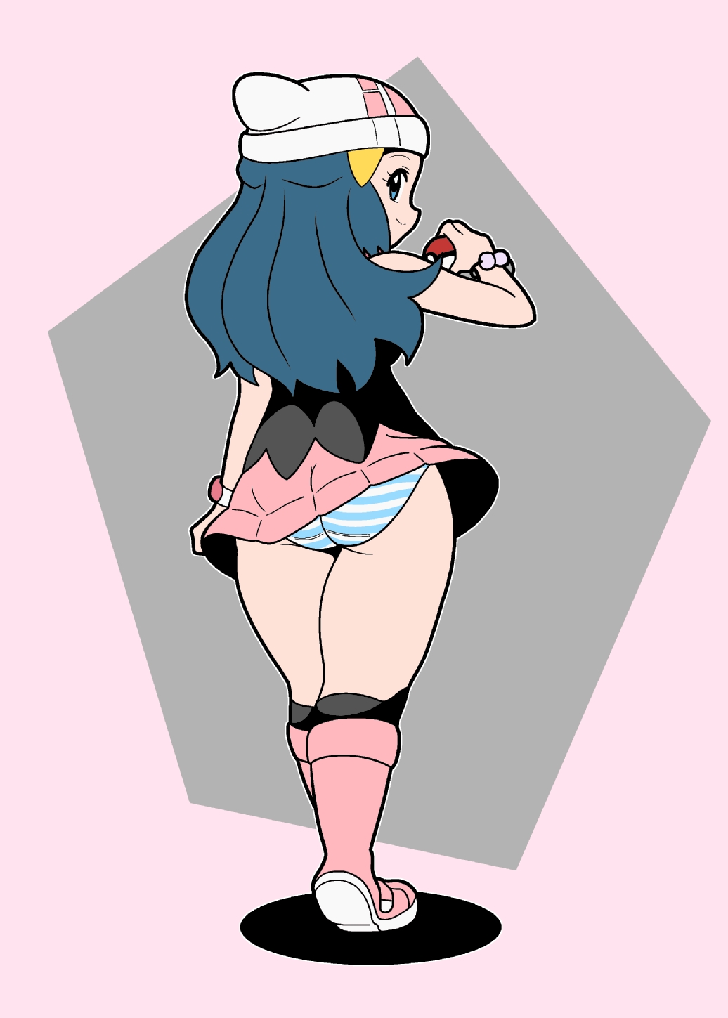 1girls, ass, blue eyes, blue hair, dawn (pokemon dp), dawn (pokemon), female, female only, hi res, kneehighs, koutarosu, looking back, nintendo, panties, pantyshot, pokemon, pokemon dppt, shimapan, skirt, solo, thighs, underwear, upskirt
