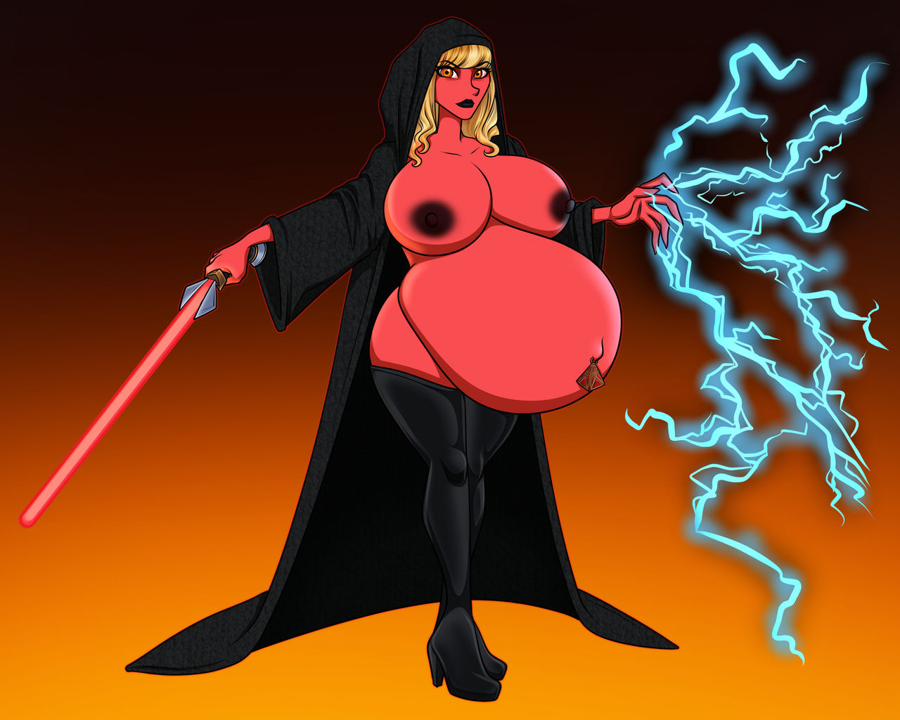 1girls alien alien_girl alien_humanoid belly big_belly blonde_hair breasts female force_lightning hyper_pregnancy lightsaber navel_piercing nipples pregnant pregnant_alien red_lightsaber red_skin riddleaugust sith solo_female star_wars