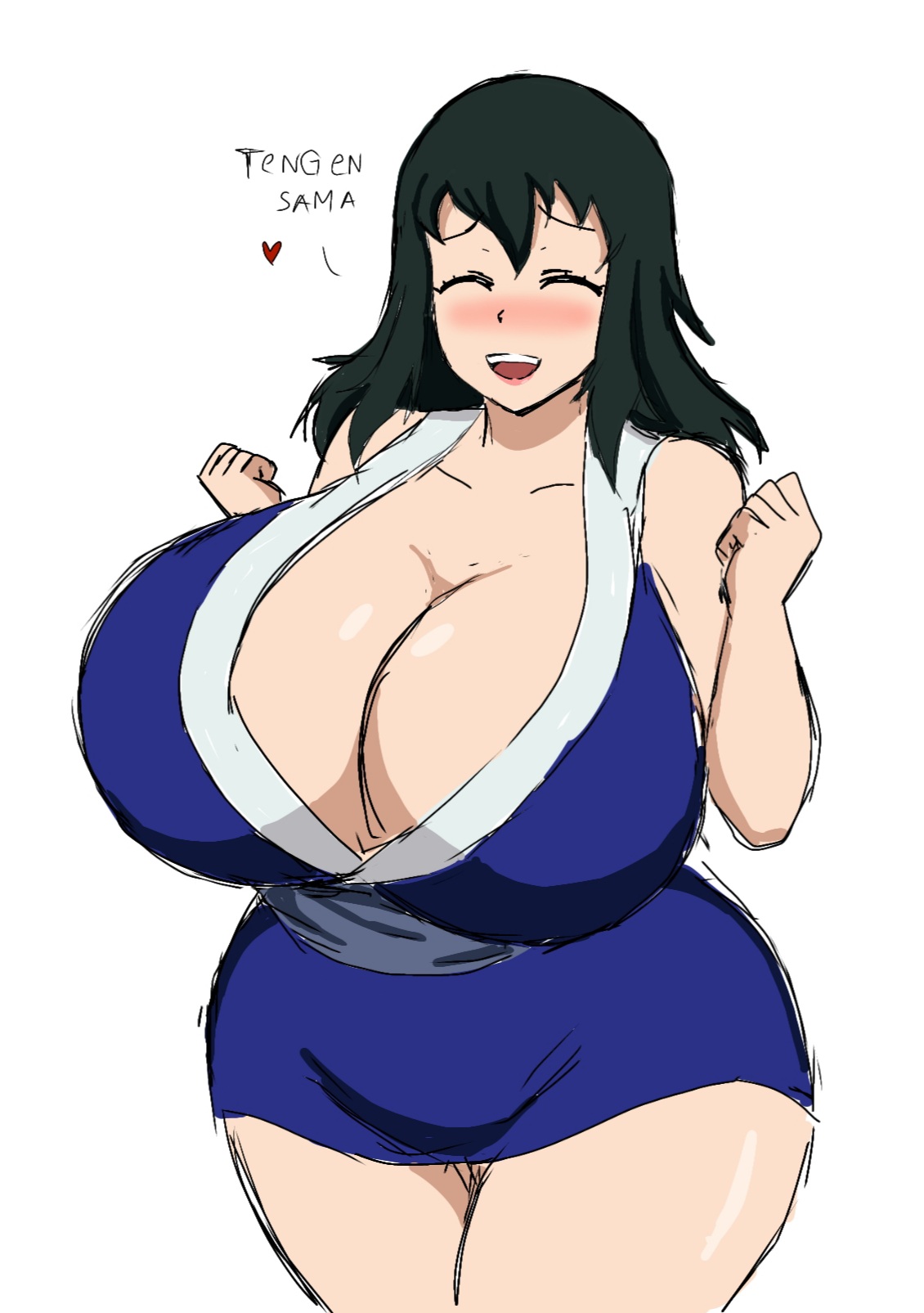 2d, 2d (artwork), big breasts, black hair, blush, breasts, cleavage, closed eyes, curvaceous, curvy, demon slayer, digital drawing (artwork), digital media (artwork), enormous breasts, female, female only, huge breasts, japanese clothes, kimetsu no yaiba, long hair, massive breasts, momiji (artist), short dress, smile, solo, suma (kimetsu no yaiba), venus body, voluptuous, wide hips, wife