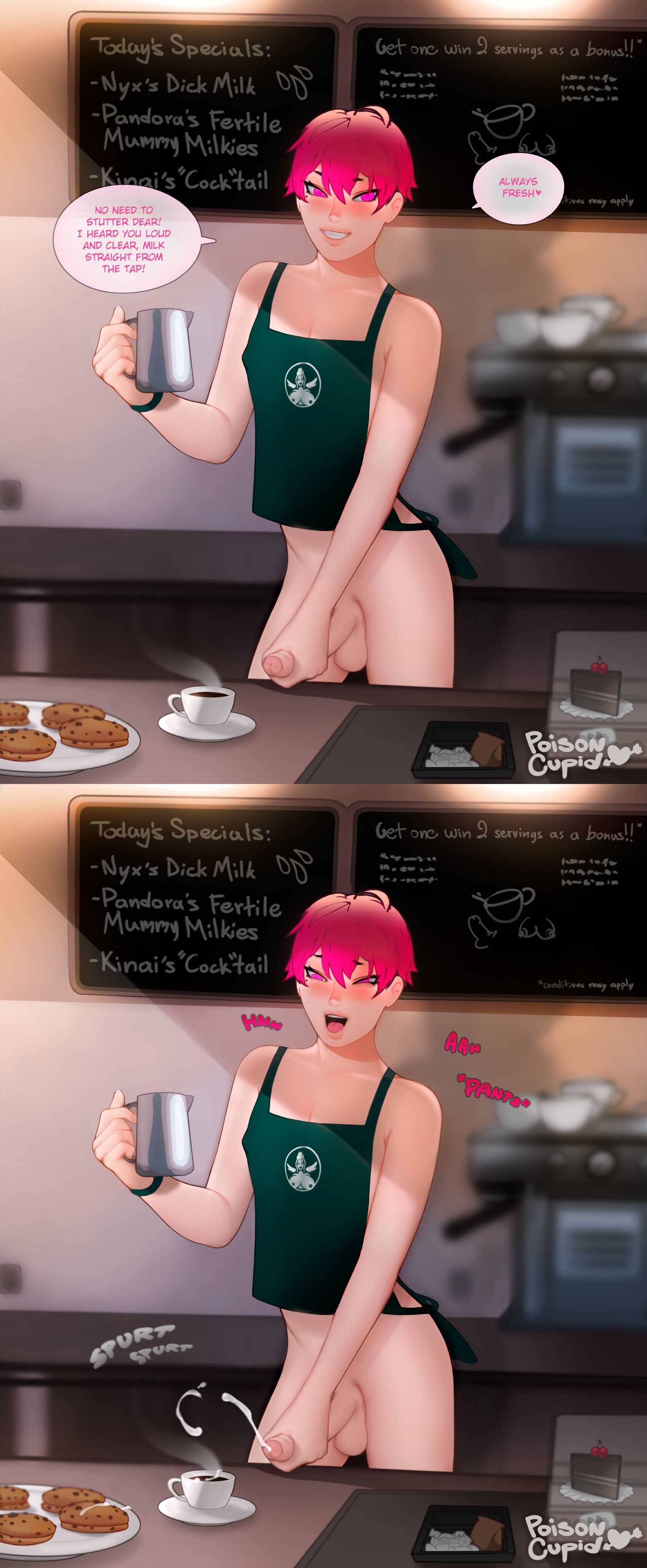 apron, apron only, barista, breasts, coffee, coffee cup, coffee shop, cookie, cookies, cum, cum in cup, cum in drink, cumming, cumshot, femboy, girly, iced latte with breast milk, iced latte with dick milk, male, male only, masturbation, pink eyes, pink hair, poisoncupid, sissy