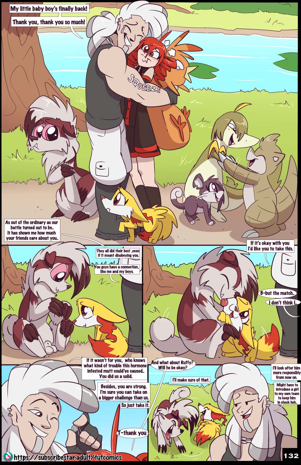 amber_(fuf) animal_genitalia balls closed_smile comic detailed_background dipstick_tail duo_in_panel female fennekin feral fuf genitals grass green_hair grey_hair group hair hi_res human kyra_(fuf) liam_(fuf) lycanroc male mammal markings midnight_lycanroc nintendo open_mouth open_smile orange_eyes page_132 pink_eyes pink_sclera plant pokemon pokemon_(species) purple_eyes purple_hair rattata red_hair rita_(fuf) river ruffy_(fuf) sandshrew scratchy_(fuf) servine sheath smile steele_(fuf) subscribestar_username tail_markings torchic trio_in_panel video_games white_hair