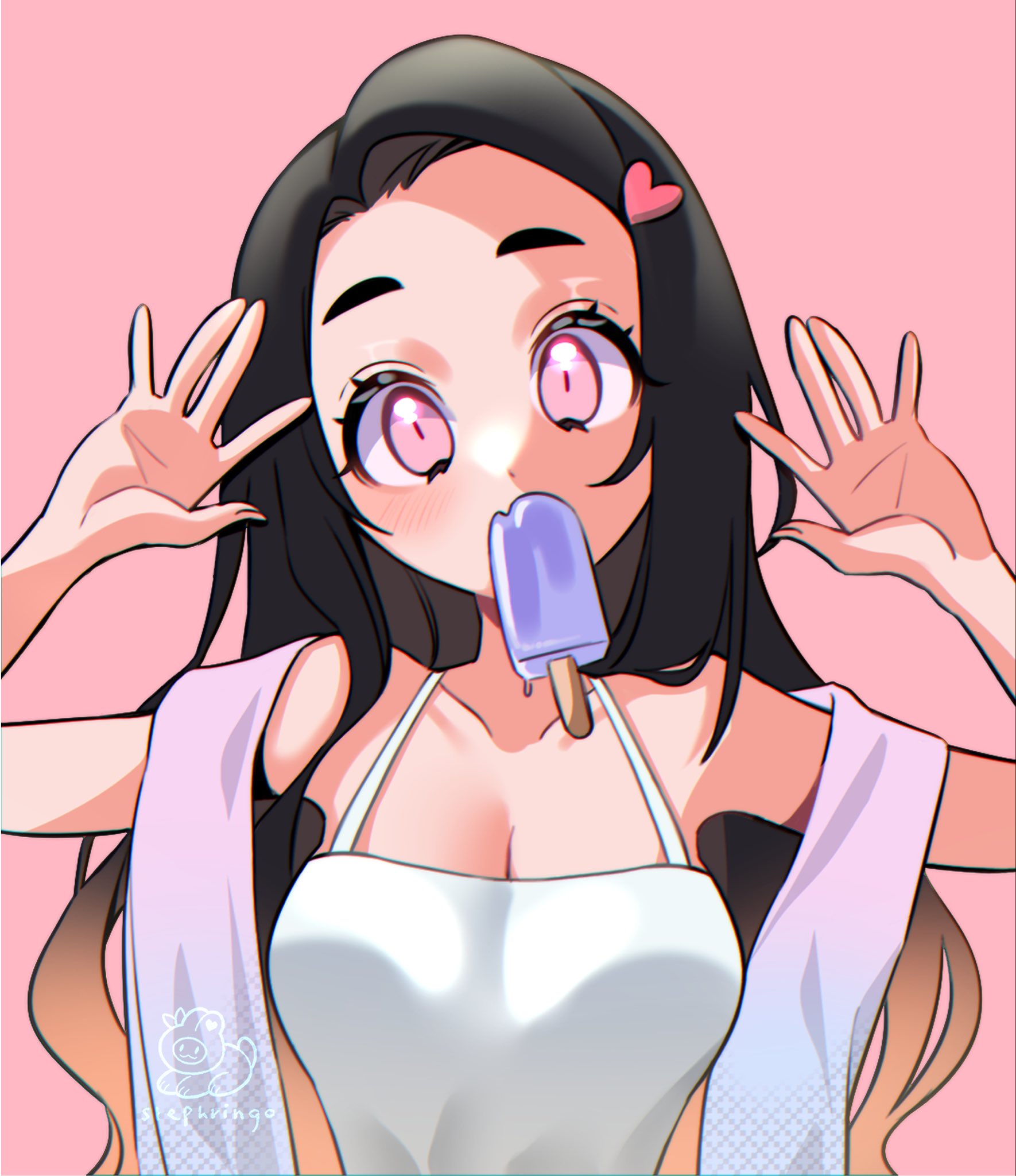 1girls, alternate costume, black hair, black-haired female, blush, cleavage, cute, demon slayer, dressed, female, female only, gradient hair, hairclip, kamado nezuko, kimetsu no yaiba, long hair, looking at viewer, pink background, pink eyes, popsicle, solo, stephringo, tank top, two-tone hair, upper body