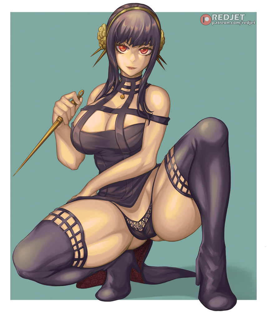 1girls, assassin, big breasts, black hair, boots, bra, breasts, cameltoe, cleavage, dress, eye contact, female, female human, full body, high heel boots, human, long hair, looking at viewer, mature female, panties, pussy, red eyes, redjet, solo, spread legs, spy x family, squatting, stiletto (weapon), thigh boots, thighhighs, thorn princess, yor briar, yor forger