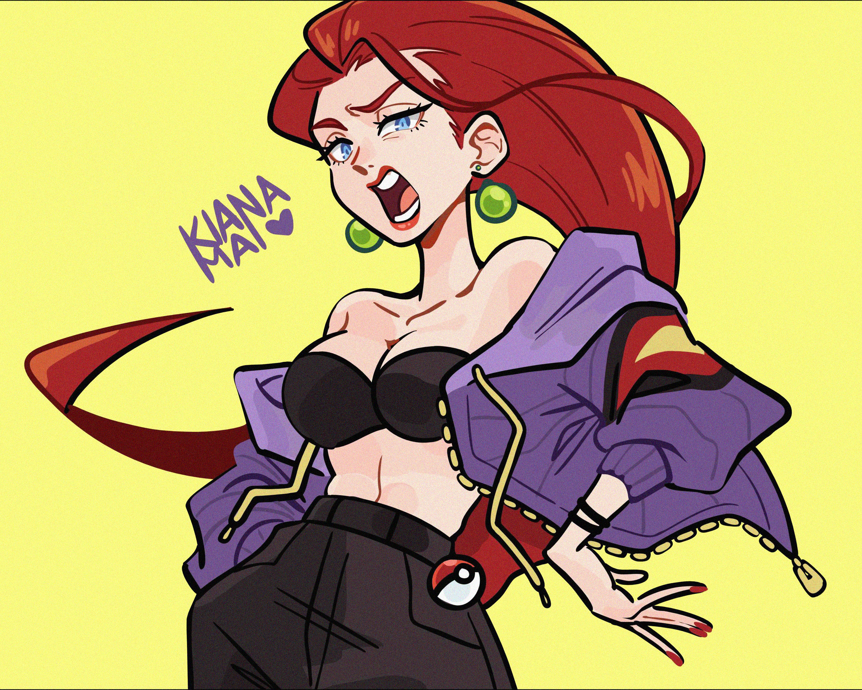 1girls, blue eyes, bra, breasts, cleavage, female, female only, human, jacket, jessie (pokemon), kianamai, light skin, light-skinned female, lipstick, looking at viewer, medium breasts, nail polish, navel, open mouth, painted nails, pokemon, red hair, solo, solo female