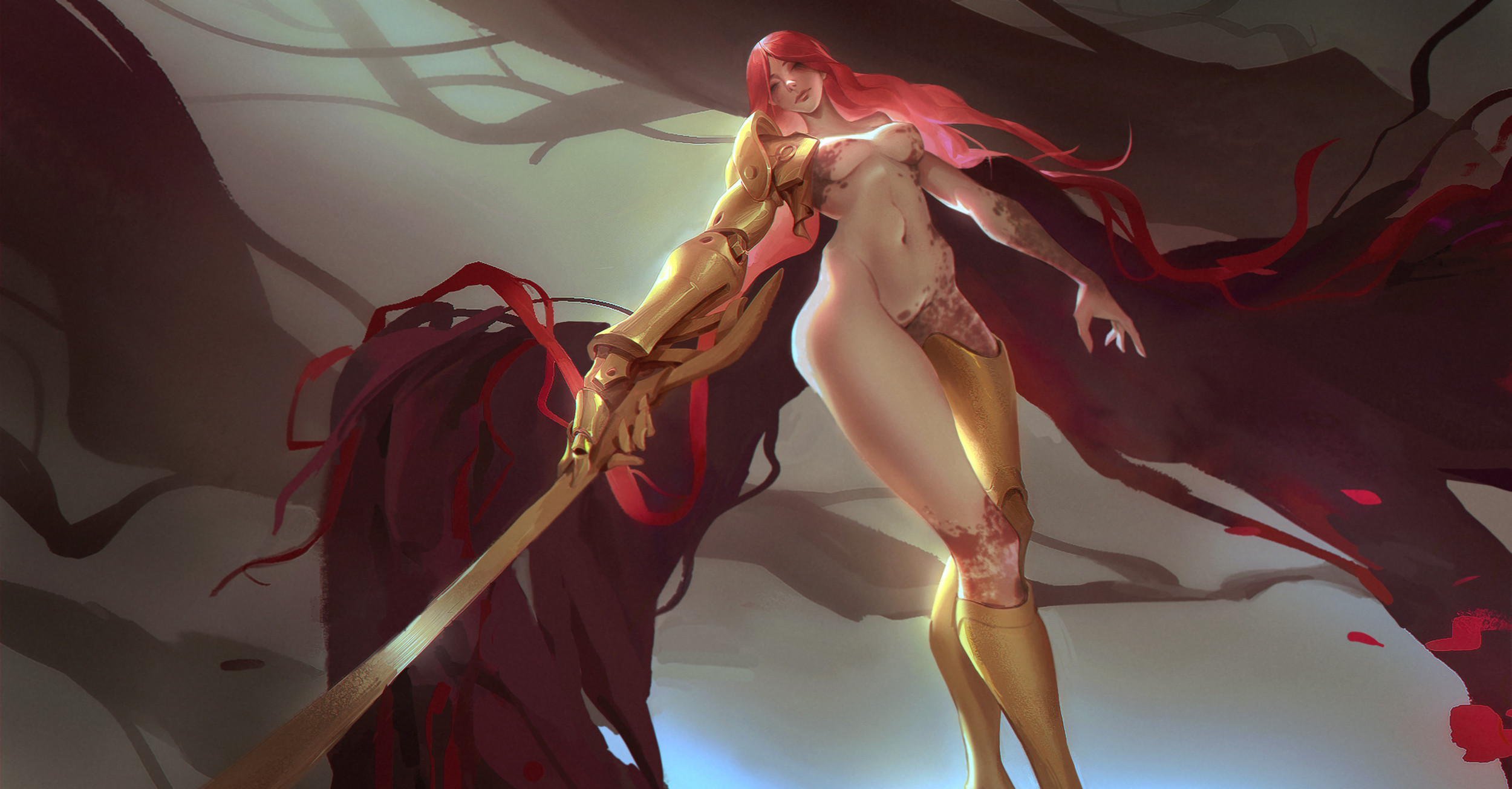 1girls, casual nudity, elden ring, female, female only, fromsoftware, front view, hi res, low-angle view, malenia blade of miquella, nude, prosthetic arm, prosthetic limb, prosthetics, red hair, solo, solo female, standing, sword, xiaotang