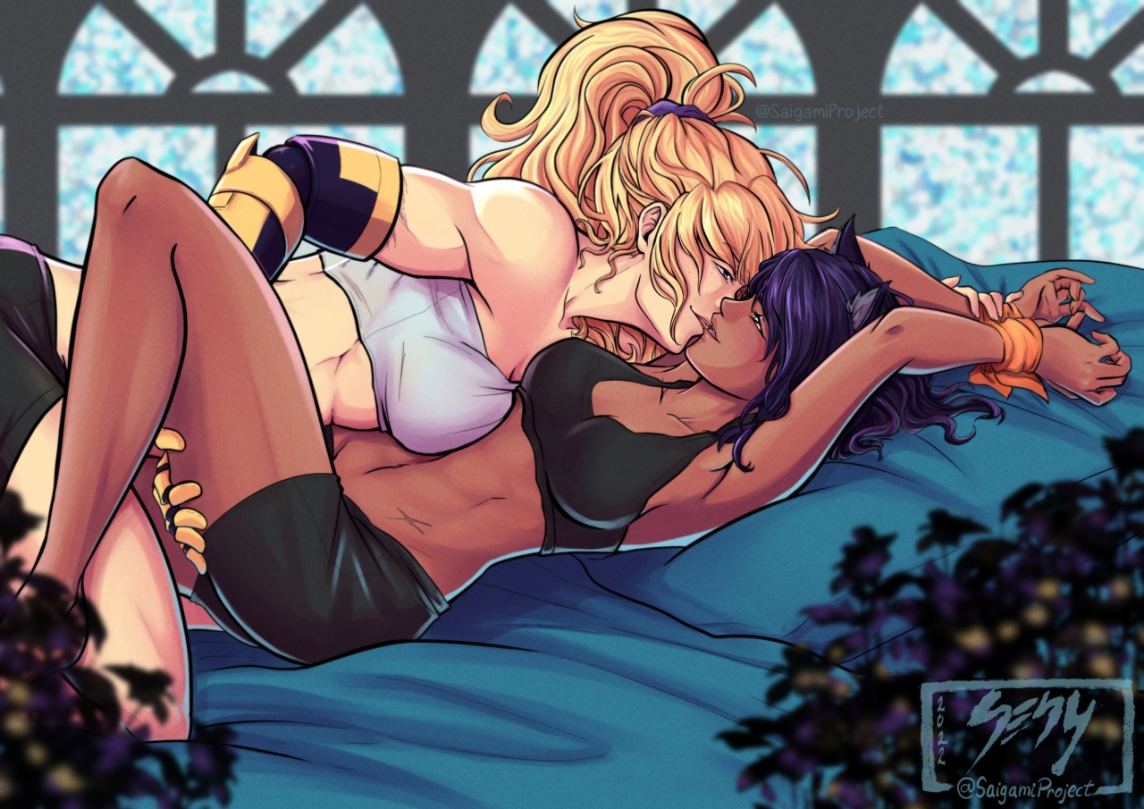 2girls, black hair, blake belladonna, blonde hair, canon couple, cat ears, dark skin, dark-skinned female, female, kissing, muscular, muscular female, ponytail, prosthetic arm, rwby, saigamiproject, yang xiao long, yuri