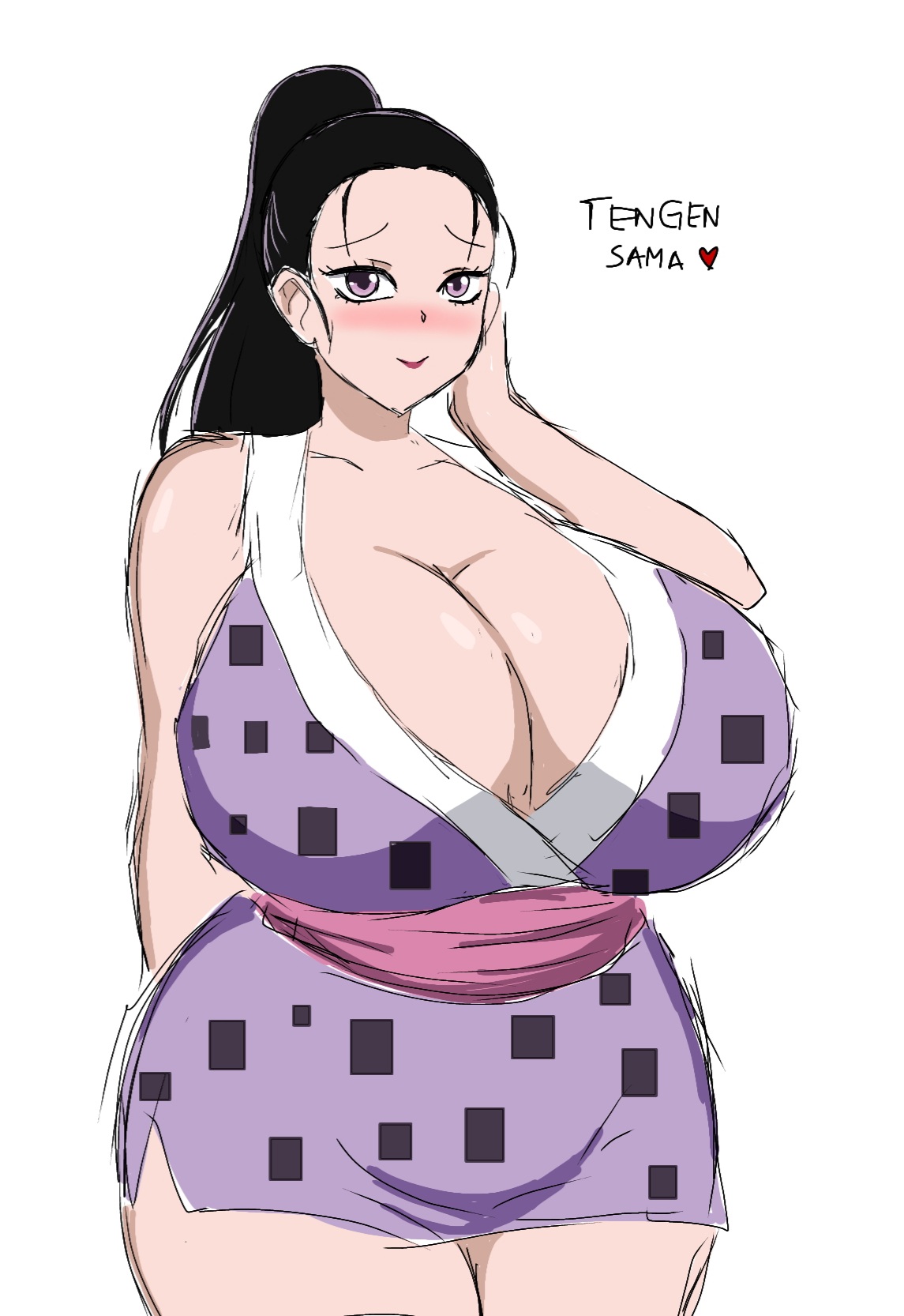 2d, 2d (artwork), big breasts, black hair, blush, breasts, cleavage, curvaceous, curvy, demon slayer, digital drawing (artwork), digital media (artwork), enormous breasts, female, female only, hinatsuru (kimetsu no yaiba), huge breasts, japanese clothes, kimetsu no yaiba, long hair, massive breasts, momiji (artist), ponytail, short dress, smile, solo, venus body, voluptuous, wide hips, wife