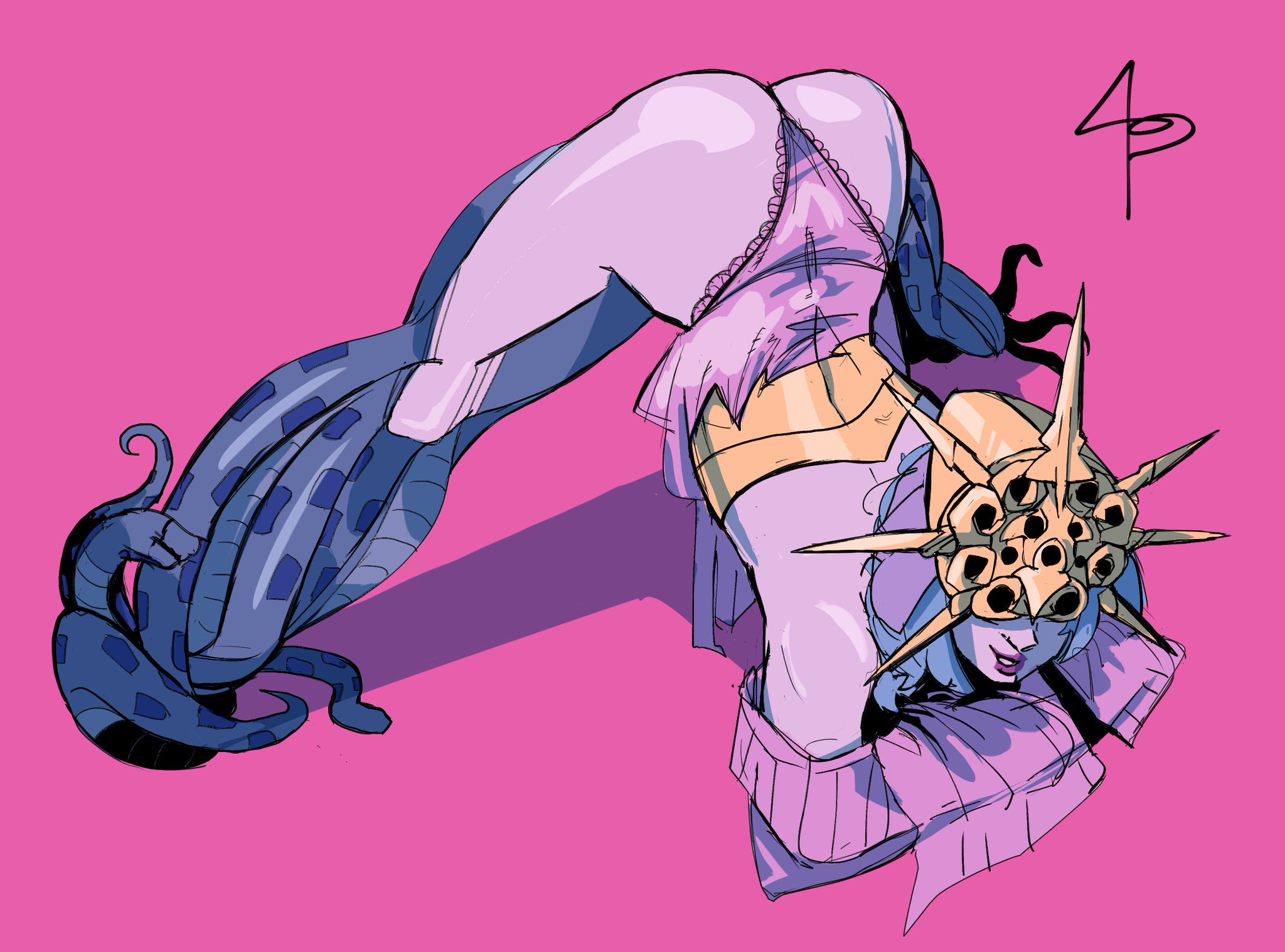 androgynous, ass, ass up, big ass, dark souls, dark sun gwyndolin, deity, eyes covered, femboy, fromsoftware, full body, helmet, jack-o pose, lace-trimmed panties, male, male only, mask, masked, masked male, panties, pink background, pink panties, smile, snakes, solo, trap