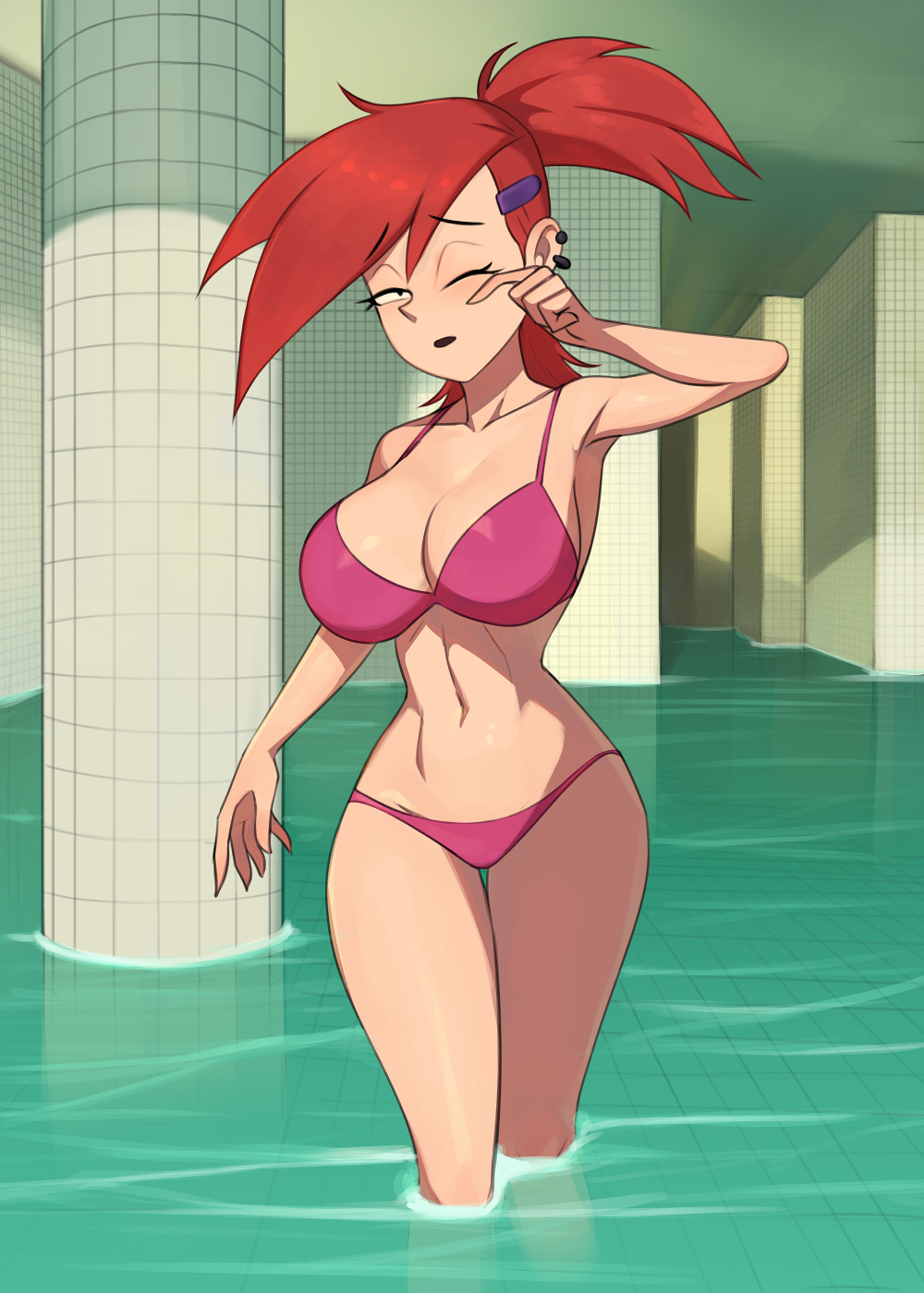 1girls backrooms barleyshake big_breasts bikini breasts cartoon_network female foster's_home_for_imaginary_friends frankie_foster hairclip human level_37_(backrooms) liminal_spaces one_eye_closed pink_bikini ponytail red_bikini red_hair sole_female solo swimsuit swimwear tagme the_backrooms the_poolrooms water wet