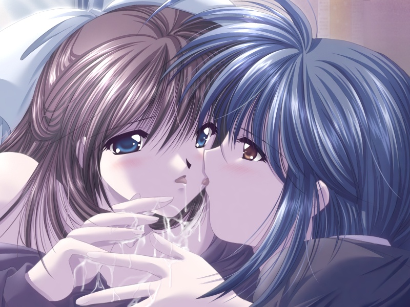 blue_hair collaborative_fellatio cum fellatio game_cg group_sex invisible_penis multiple_fellatio multiple_girls oral penis red_eyes sex studio_ego teamwork threesome working_days yamamoto_kazue