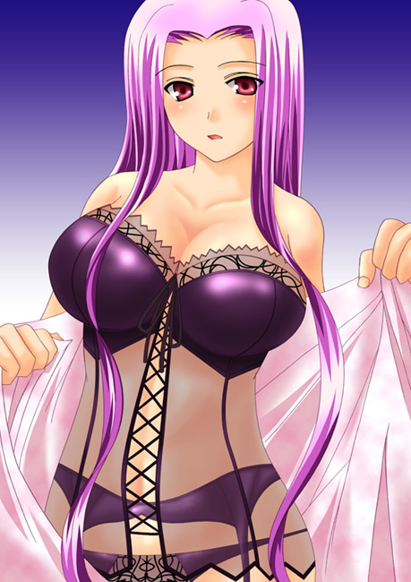 1girls color fate/hollow_ataraxia fate/stay_night fate_(series) female kizaki_yuuri large_breasts lingerie medusa_(fate) solo underwear very_long_hair