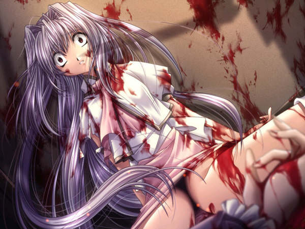 beige_skin bleeding blood blood_on_face blood_stain bloody_clothes brown_eyes castle_fantasia castle_fantasia_3 clothes color eyes female first_porn_of_franchise game_cg gore guro hair long_hair messy open_eyes shadow skin stained_clothes studio_ego tellur_courier torn_clothes yamamoto_kazue