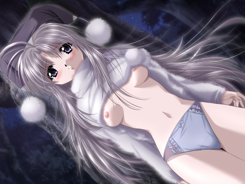 1girls against_tree angora blue_panties blush bobblehat bow bow_panties breasts dutch_angle female fur game_cg hat kurashina_yuuko long_hair night no_pants outdoors panties public purple_eyes shirt_lift silver_hair solo studio_ego sweater tree turtleneck underboob underwear working_days yamamoto_kazue