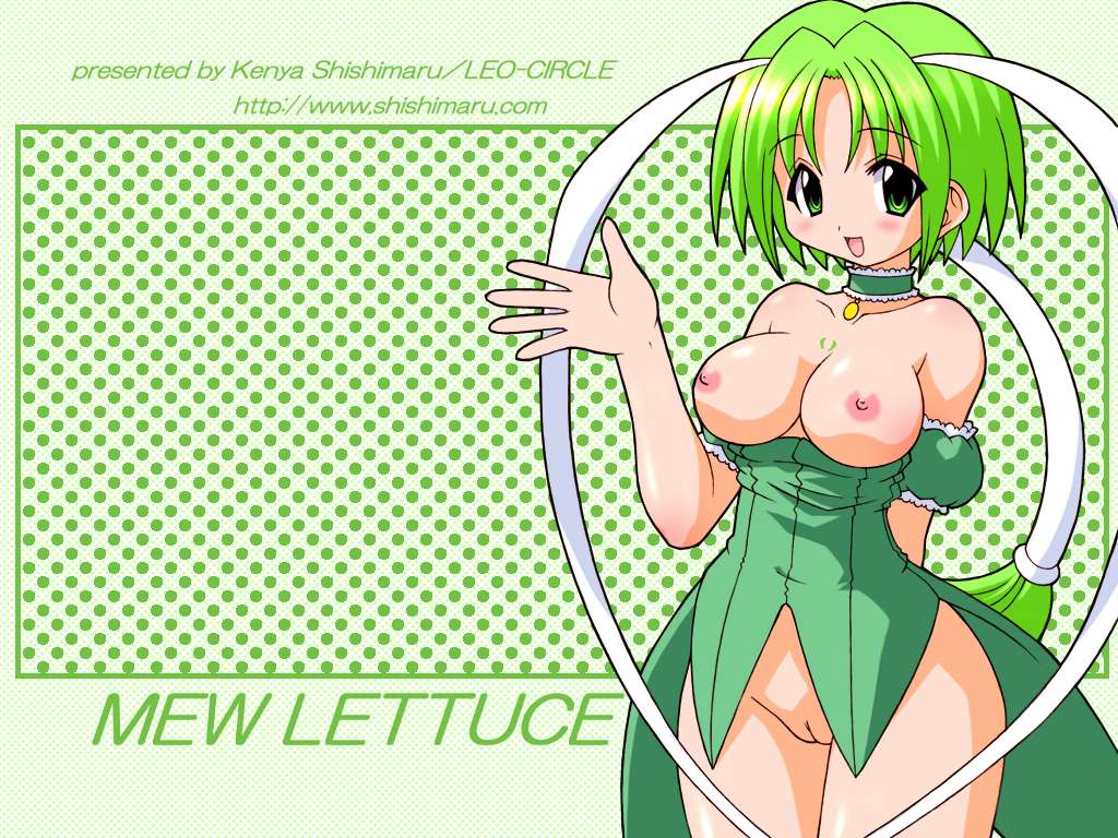 1girls arm_garter breasts character_name choker female green green_background green_eyes green_hair leotard magical_girl mew_lettuce midorikawa_lettuce no_panties polka_dot polka_dot_background pussy shishimaru_ken'ya short_hair tokyo_mew_mew wallpaper