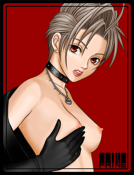 breast_lift breasts brown_eyes choker earrings female female_only final_fantasy final_fantasy_x final_fantasy_x-2 gloves human jewelry necklace paine short_hair silver_hair solo suhara_(protea)