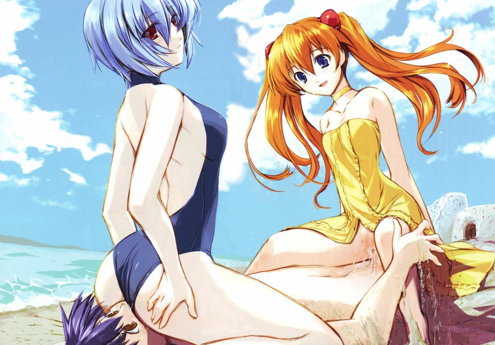 2girls ass asuka_langley_sohryu backless bare_shoulders beach blue_hair breasts casual_one-piece_swimsuit choker clothing cowgirl_position cunnilingus dress eyes_of_dragon_(artist) facesitting female gainax girl_on_top group_sex halterneck human light-skinned_female light_skin long_hair male multiple_girls neon_genesis_evangelion no_panties one-piece_swimsuit oral orange_hair pale-skinned_female pale_skin rei_ayanami reverse_spitroast sand_castle sex shinji_ikari short_hair sitting sitting_on_person sky small_breasts straddle straight straight_hair strapless strapless_dress sundress swimsuit threesome tied_hair twintails vaginal_penetration wallpaper yellow_dress