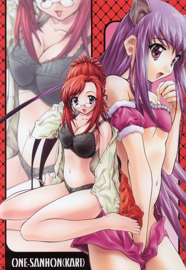 animal_ear arm_garter barefoot black_bra black_panties bow bow_panties bra breasts clothing feet fujiwara_zakuro glasses kazami_mizuho kneeling lace-trimmed_bra large_breasts lingerie long_hair masturbation mew_zakuro midriff onegai_teacher panties pince-nez purple_eyes purple_hair red_hair short_hair sitting soyosoyo standing tokyo_mew_mew underwear undressing zoom_layer