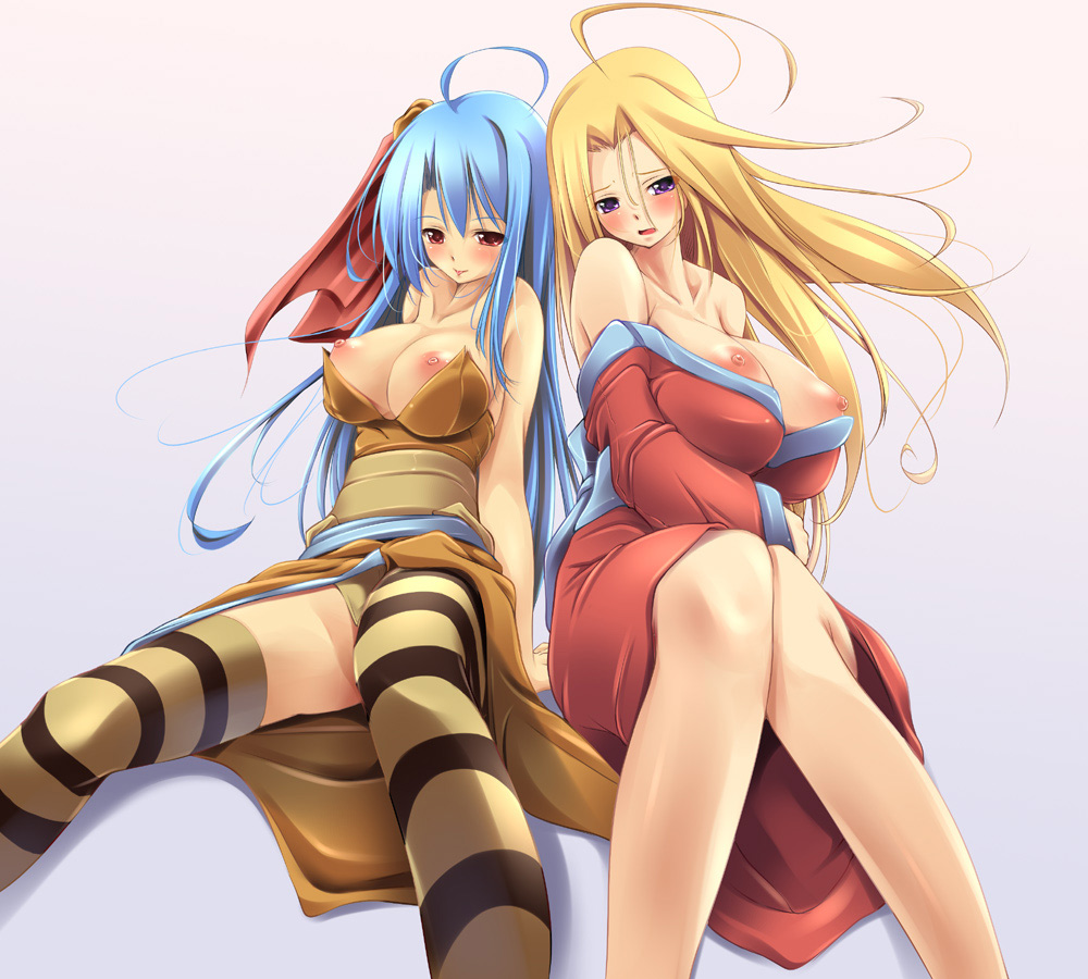 2girls blonde_hair blue_hair blush breasts byunei fct female female_only huge_breasts japanese_clothes kimono large_breasts long_hair multiple_girls nipples purple_eyes red_eyes rocbouquet romancing_saga romancing_saga_2 romancing_saga_3 saga striped_legwear striped_thighhighs thighhighs