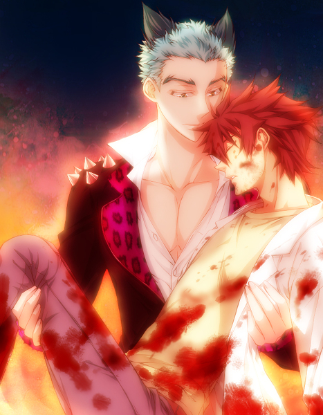 animal_ears beige_skin blood blue_hair brown_hair carrying closed_eyes clothed color corpse_demon gay human male male_only open_clothes open_eyes red_eyes shiki short_hair tatsumi toshio_ozaki vampire yaoi