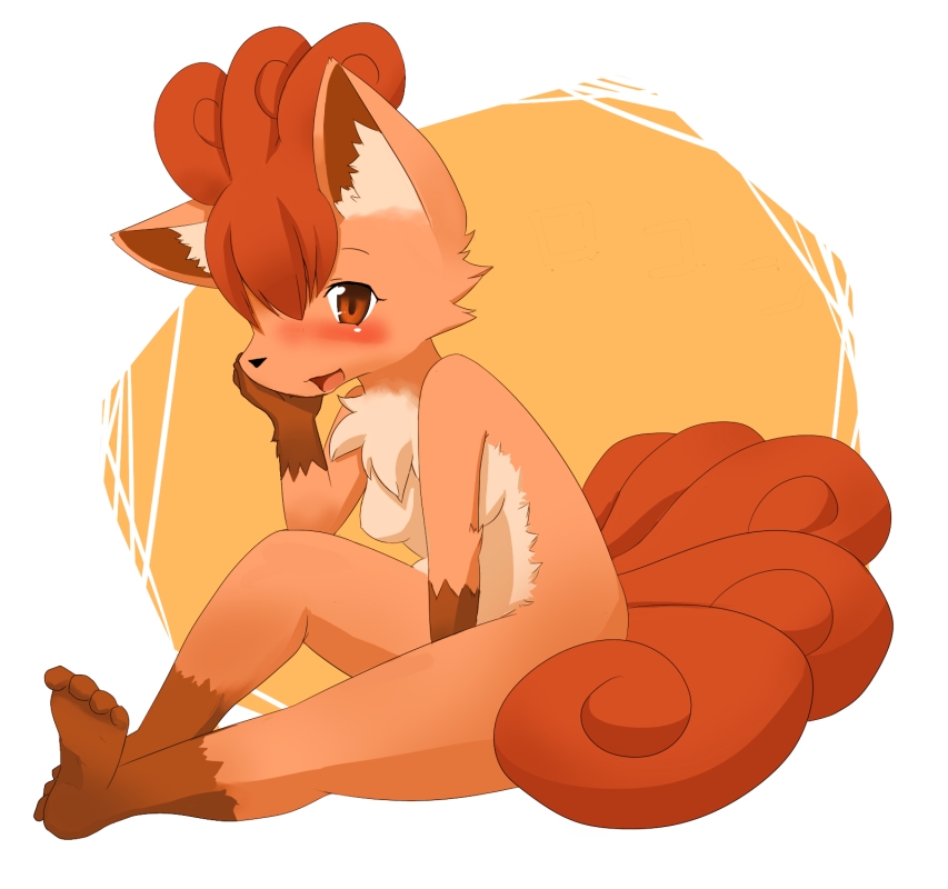 barefoot blush breasts color female female_only fur furry_tail ka multi_tail nude pokemon pokemon_(species) side_view sitting solo straight_hair tagme tail vulpix