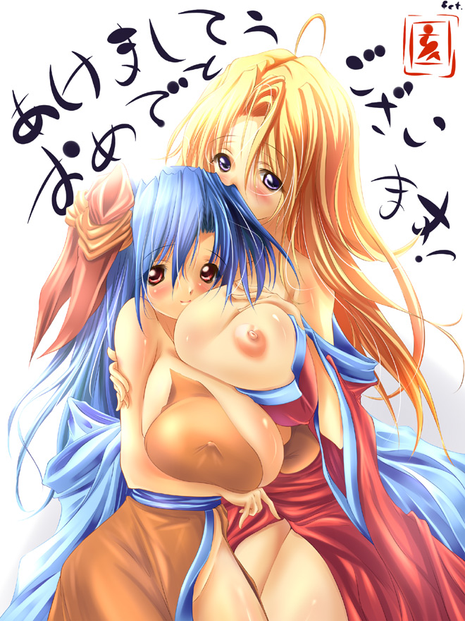 2girls blonde_hair blue_hair breasts byunei crossover fct female female_only hug huge_breasts long_hair multiple_girls nipple_bulge nipples purple_eyes red_eyes rocbouquet romancing_saga romancing_saga_2 romancing_saga_3 saga