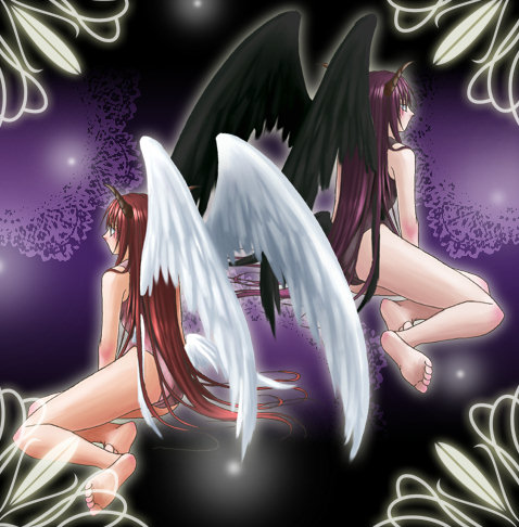 akura angel_wings arc_the_lad arc_the_lad_ii ass barefoot black_wings breasts choko feet horns leotard lowres purple_hair red_eyes red_hair wings