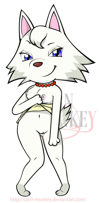 animal_crossing anthro blue_eyes bottomless breasts corn_monkey female female_only looking_at_viewer necklace nintendo nipples pussy shirt_lift simple_background small_breasts smile solo tail uncensored white_fur whitney_(animal_crossing) wolf