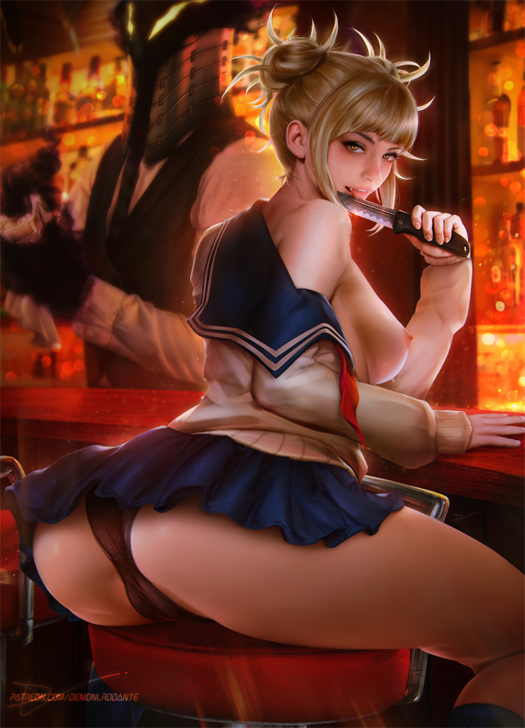 1girls amber_eyes areolae ass bar black_panties blonde_female blonde_hair breasts cameltoe demonlorddante erect_nipples female female_only himiko_toga huge_ass knife kurogiri licking_knife my_hero_academia nipples open_topwear panties realistic sailor_uniform school_uniform skirt upskirt wide_hips