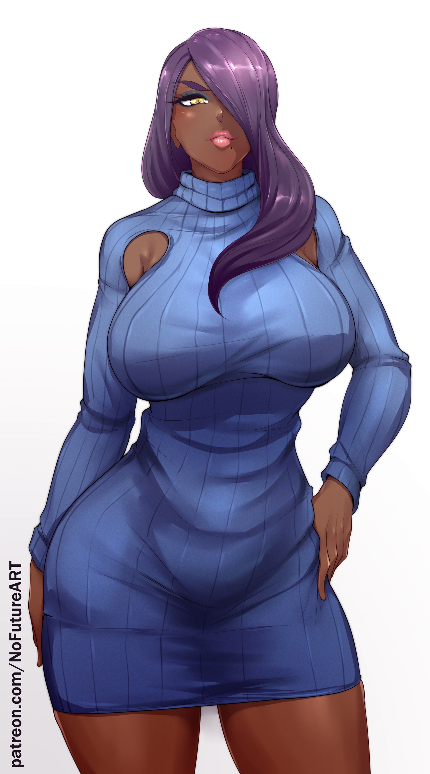 1girls, bbw, big breasts, breasts, curvy, dark skin, dark-skinned female, dress, elf-san wa yaserarenai, eure, female, female only, gorgon, hair over one eye, hi res, humanoid, long hair, looking at viewer, mole, mole under mouth, narrowed eyes, nofuture, pink lipstick, purple hair, solo, solo female, thick thighs, white background, wide hips, yellow eyes