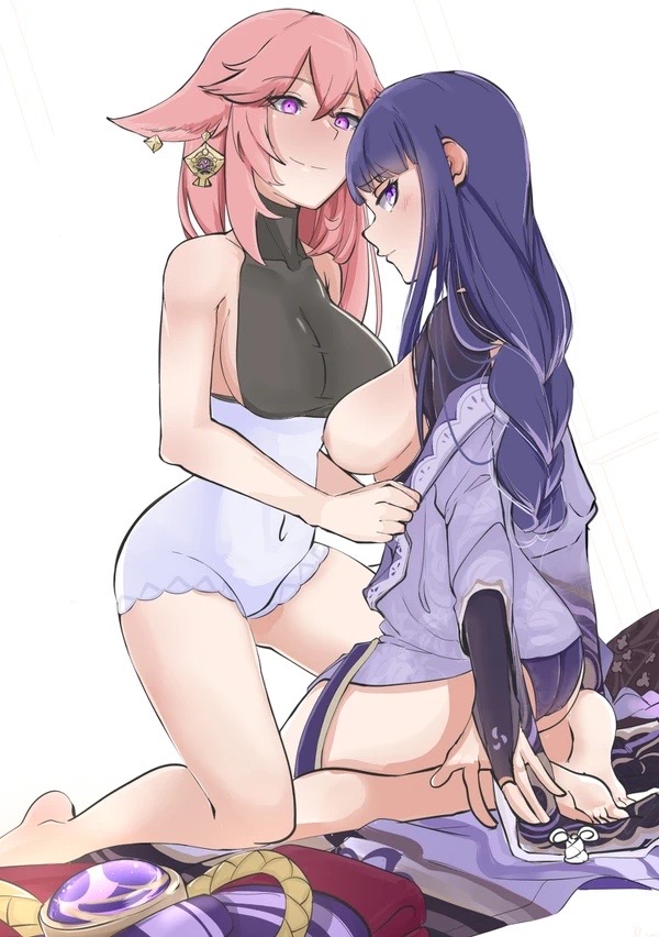 2girls, breasts, breasts out, exposed breasts, female, female only, fox ears, fox girl, genshin impact, imminent sex, kneeling, looking at viewer, partially clothed, pink hair, purple eyes, purple hair, raiden shogun, removing clothing, smiling, staring at viewer, taking clothes off, undressing, undressing partner, yae miko, yuri