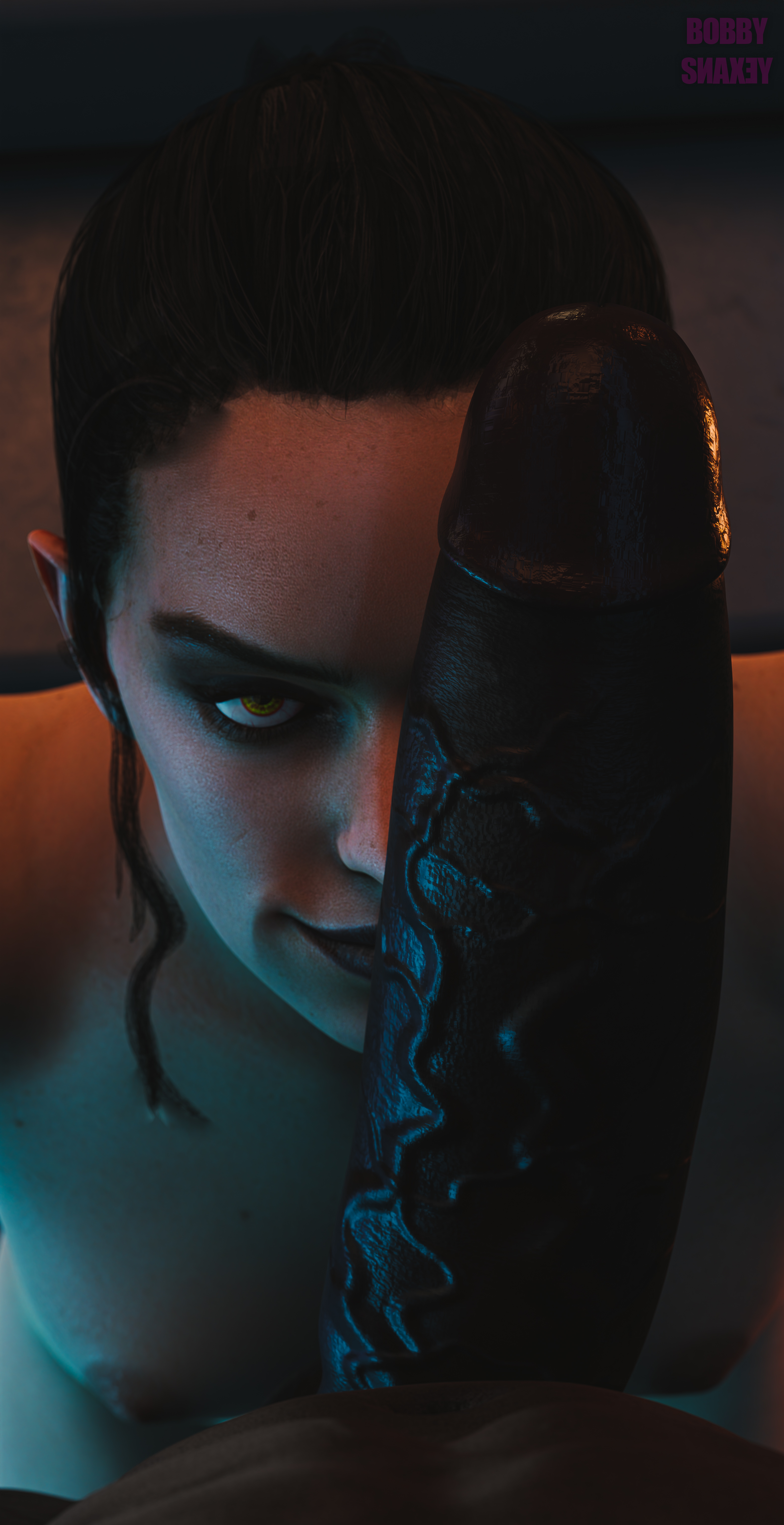 3d, 3d (artwork), big penis, blender, blender (software), bobbysnaxey, breasts, daisy ridley, dark skin, dark-skinned male, fat cock, female, huge cock, inminent blowjob, interracial, looking at viewer, lustful gaze, male, nude, nude female, penis, penis on face, rey, sith rey, star wars
