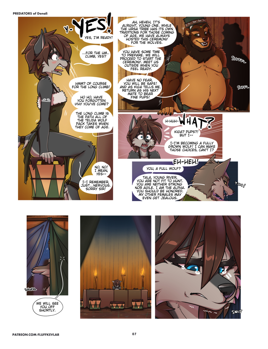 1boy1girl 2019 7_panel_comic anthro artist_name aska_(fluff-kevlar) bear bear_ears bear_humanoid black_eyes black_nose blue_eyes blush body_markings brown_body brown_fur brown_hair brown_nose canine canine_humanoid chest_tuft clenched_teeth comic comic_page dialogue eyebrows eyelashes fangs female fluff-kevlar furry furry_female furry_male furry_only grey_body grey_fur group hair headpiece looking_at_another male mammal mammal_humanoid markings navel no_humans open_mouth page_7 page_number patreon patreon_url patreon_username predators_of_denali_(fluff-kevlar) saliva short_hair sitting sitting_on_stool speech_bubble stool suprised tala_(fluff-kevlar) tears teeth text tongue tribal tribal_markings tuft url ursine ursine_humanoid white_border wolf wolf_ears wolf_girl wolf_humanoid wolf_tail yellow_sclera