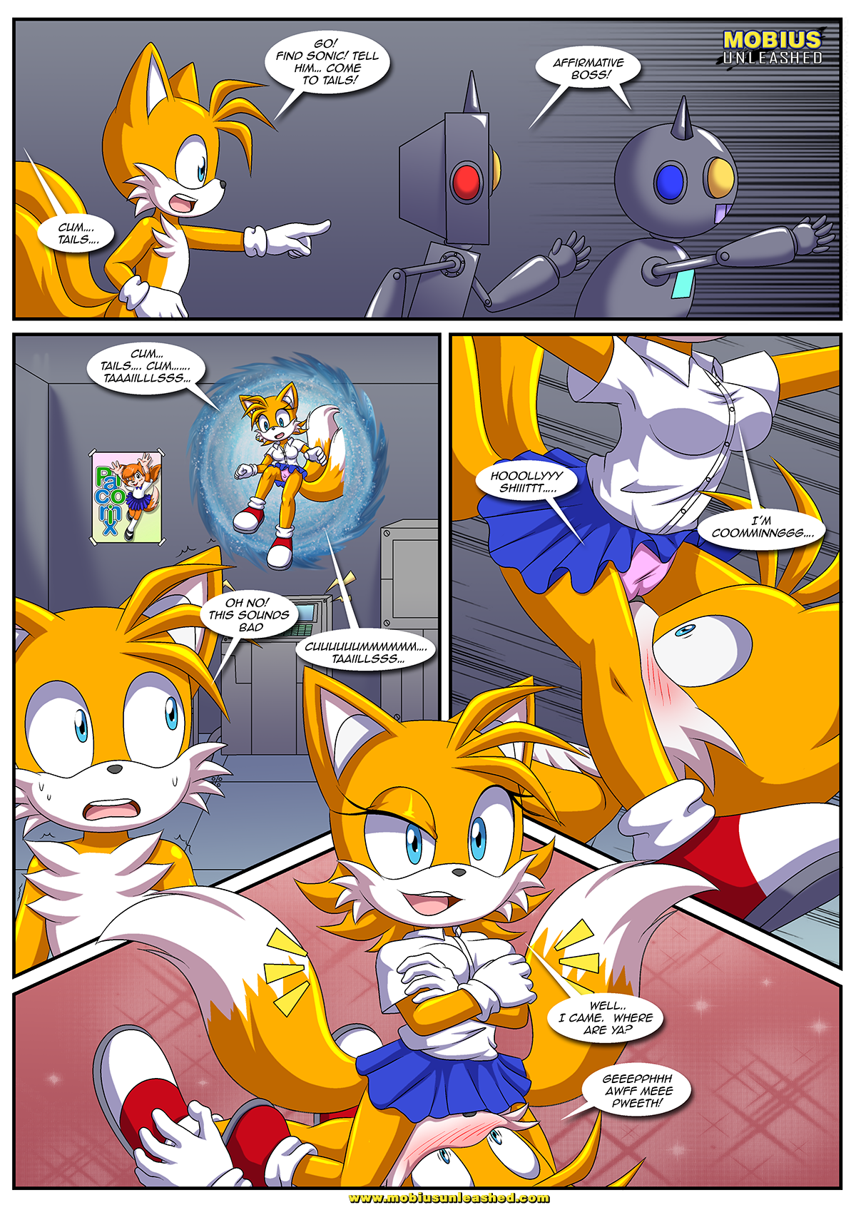accidental facesitting, bbmbbf, blush, cameltoe, comic, comic page, facesitting, falling on face, female, male, mobius unleashed, palcomix, pink panties, pussy, rule 63, sega, sitting on face, sonic (series), sonic the hedgehog (series), tails, tails the fox, tailsko