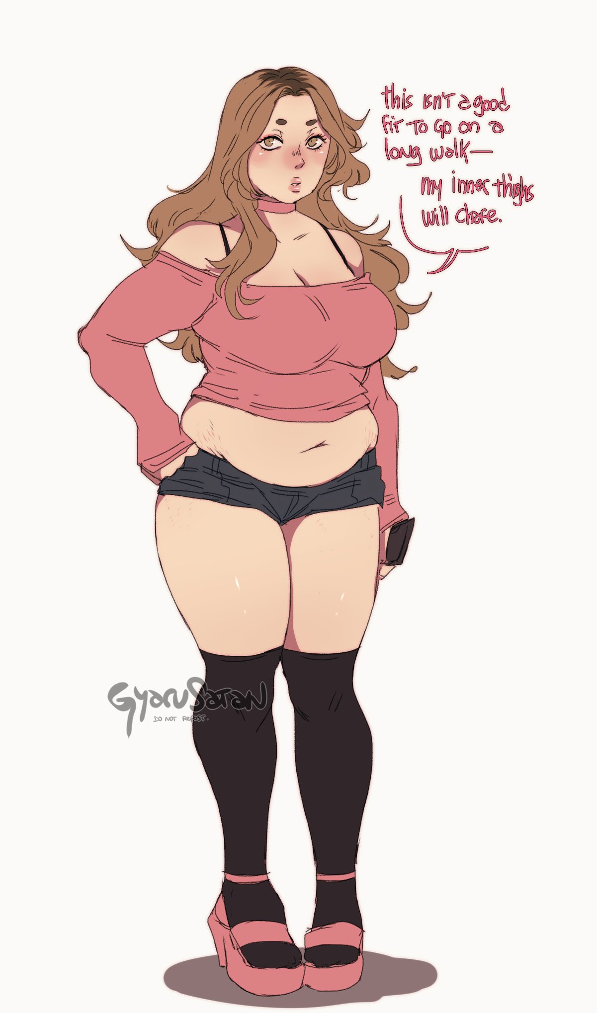 1girls, big breasts, breasts, chubby, female, female only, gyarusatan, large breasts, plump, solo, speech bubble, text