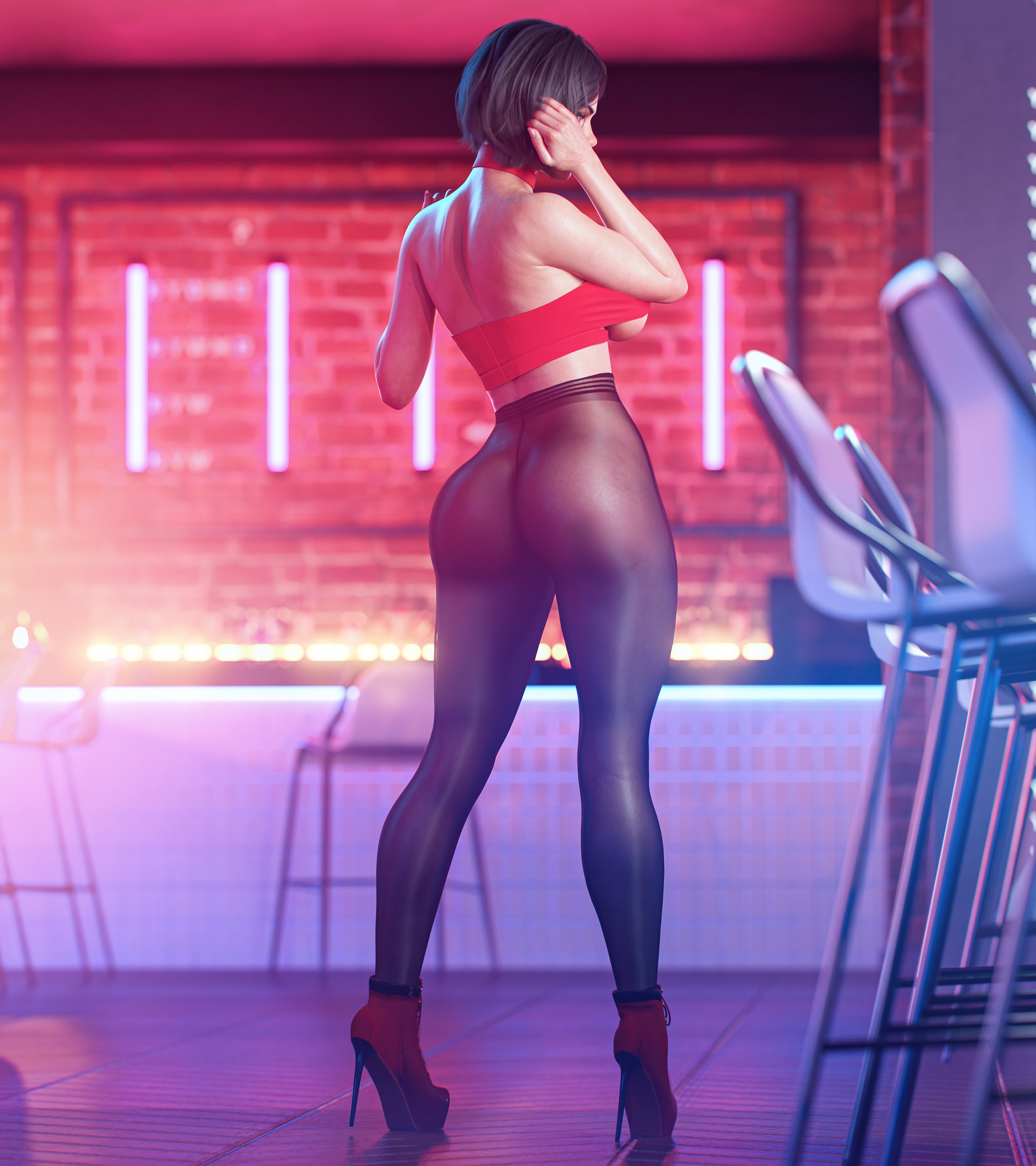 1girls, 3d, ass, back view, backless outfit, black pantyhose, blender, breasts, call of duty, call of duty black ops cold war, call of duty warzone, female, female only, helen park (cod), high heels, looking away, no panties under pantyhose, noahgraphicz, pantyhose, red high heels, solo, standing, tagme, underboob