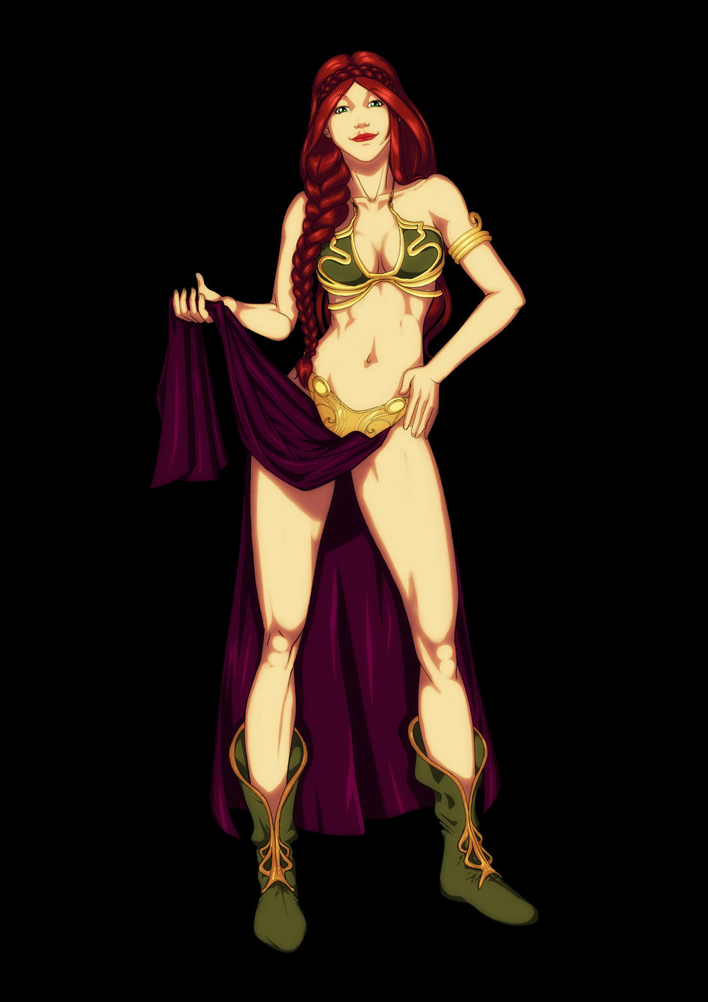 1girls belly_dancer belly_dancer_outfit braided_hair cleavage dancer dancer_outfit green_eyes harem_girl harem_outfit loincloth loincloth_lift long_hair looking_at_viewer medium_breasts original original_character raliugaxxx red_hair slave slave_bikini slave_leia_(cosplay) slave_outfit slavegirl star_wars