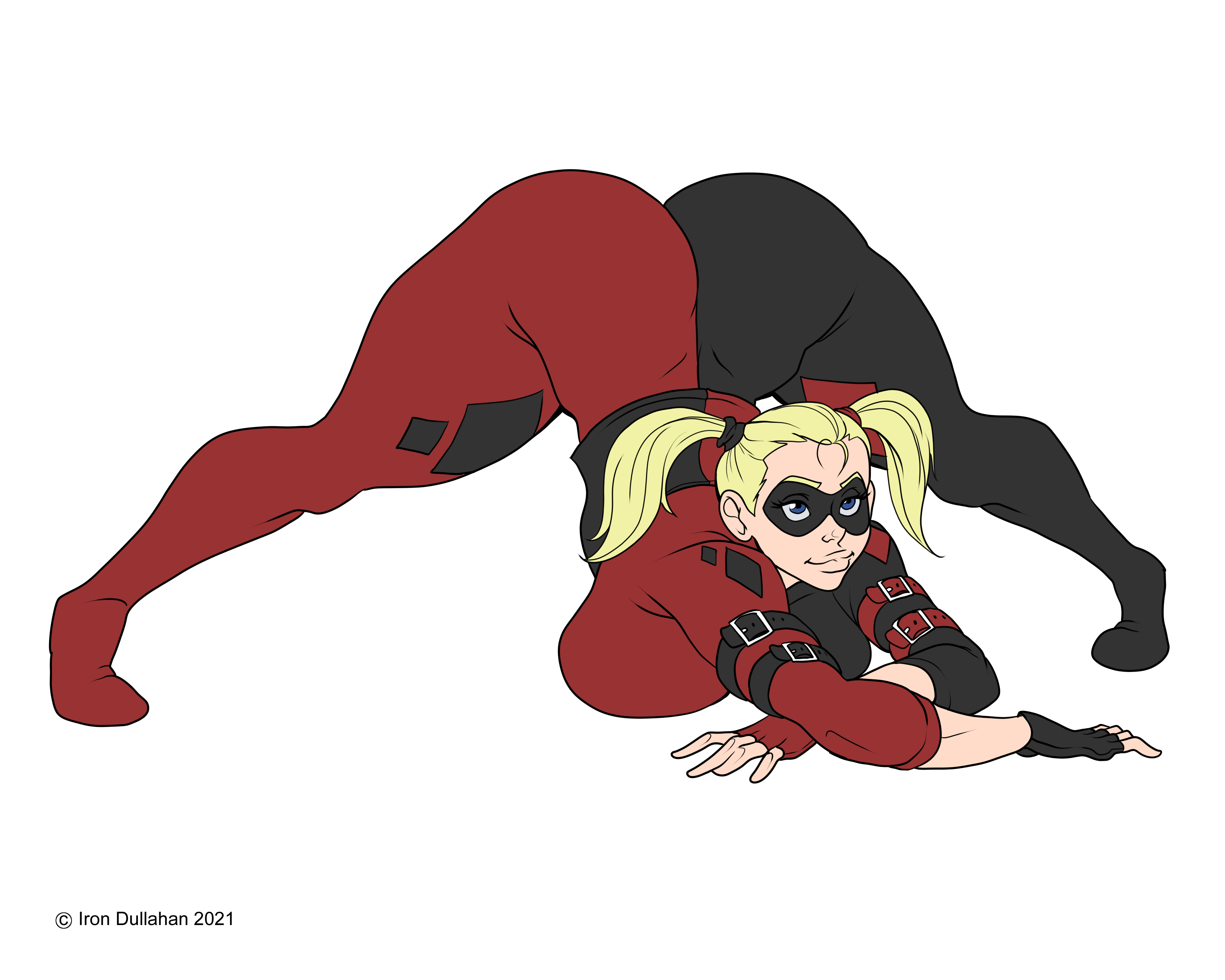 ass, big ass, big breasts, big butt, blonde hair, blue eyes, breasts, dc, dc comics, female, front view, harley quinn, iron-dullahan, jack-o pose, thick ass, thick thighs, twintails