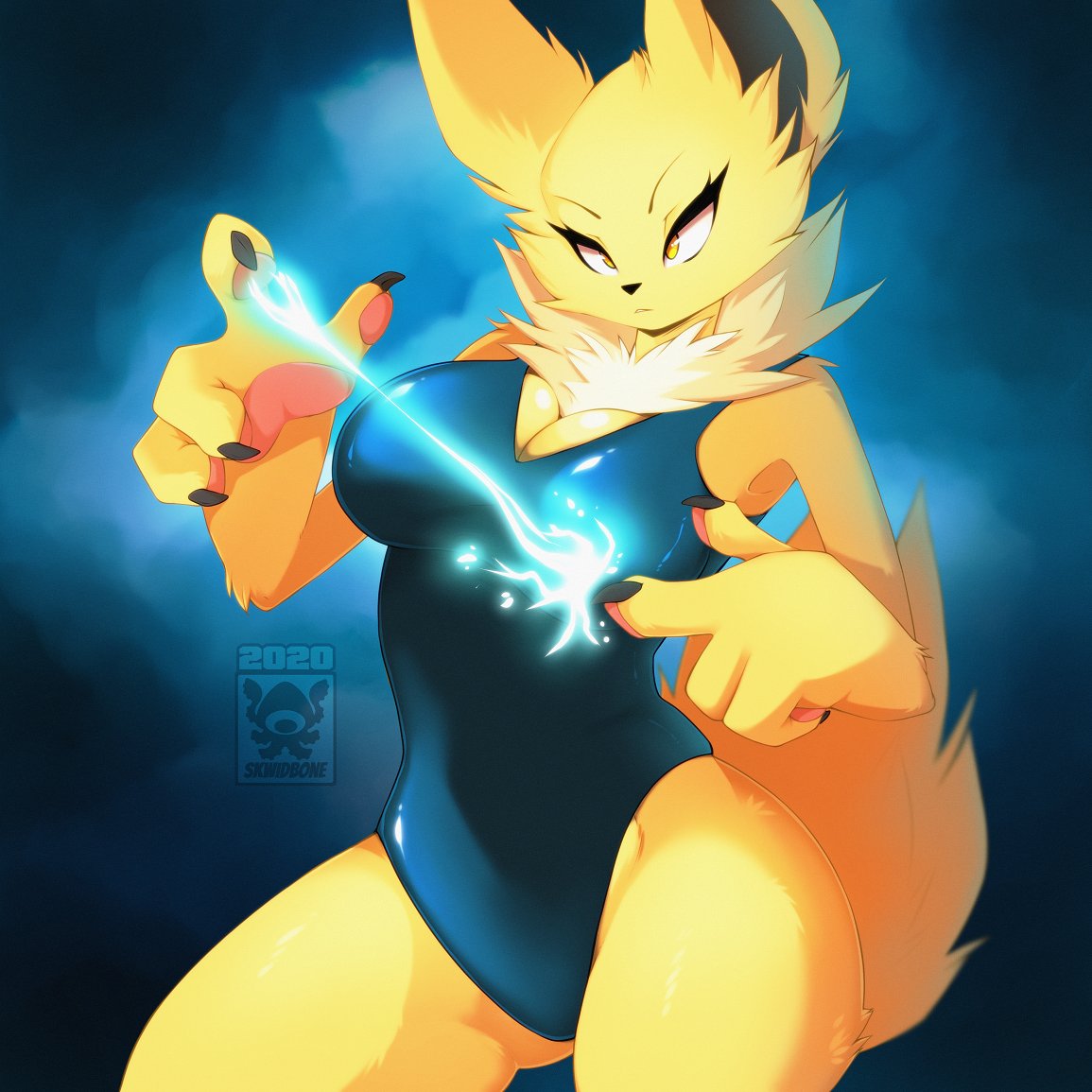 1girls 4_fingers background big_breasts boobs breasts claws clothed clothing electric electricity female female_focus female_only fingers fur furry furry_only jolteon neutral_expression pokemon pokemon_(species) pose posing skwidbone solo solo_female solo_focus standing tagme tail thighs yellow_body yellow_eyes yellow_fur