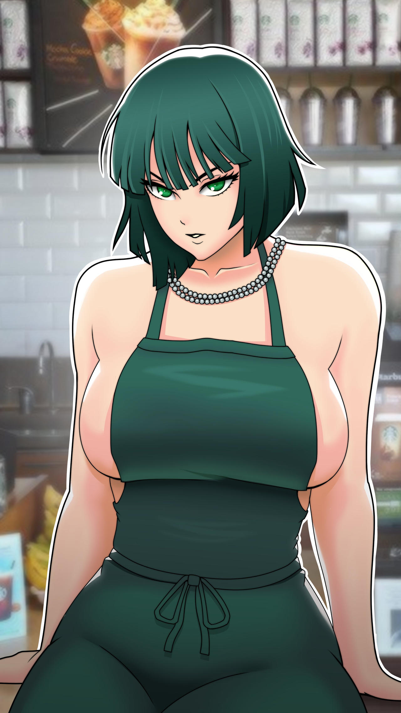 1girls apron_only belly big_breasts breasts clothed clothing dark_green_hair dark_hair female female_focus female_only fubuki_(one-punch_man) green_eyes green_hair hips huge_breasts iced_latte_with_breast_milk jewelry light-skinned_female light_skin looking_at_viewer looking_back medium_hair meme midriff mwxxxart naked_apron one-punch_man plushy_matt seductive seductive_eyes seductive_look seductive_mouth short_hair sitting solo solo_female stomach tight_clothing wide_hips