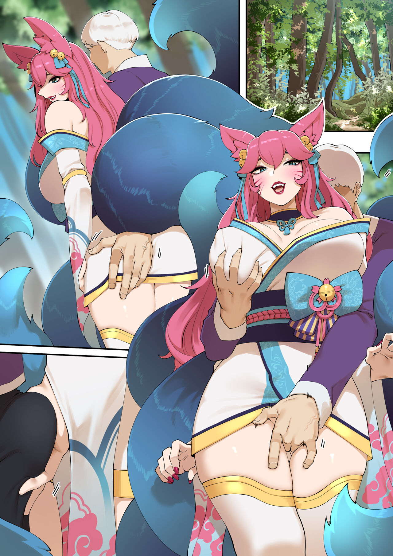 abbb, ahri, alternate costume, alternate hair color, alternate hairstyle, animal ear fluff, animal ears, animal girl, bangs, bell, big breasts, blue eyes, breast fondling, breast grab, breasts, busty, censored, child bearing hips, choker, cleavage, clothing, curvaceous, curves, curvy, curvy body, curvy female, curvy figure, curvy hips, eyelashes, eyeliner, eyeshadow, facial markings, female, fingering partner, fluffy, fluffy ears, fluffy tail, fluffy tails, fox, fox ears, fox girl, fox tail, furry tail, glistening, glistening body, glistening breasts, glistening genitalia, glistening hair, glistening penis, glistening skin, grabbing breasts, hair ornament, hair ribbon, hips, hourglass figure, huge breasts, humanoid, inner ear fluff, japanese clothes, kemonomimi, kimono, kitsune, large breasts, league of legends, light skin, light-skinned female, lips, lipstick, long hair, male, multi tail, nature, nine tailed fox, outdoors, pale skin, pale-skinned female, penis, pink hair, riot games, robe, spirit blossom ahri, spirit blossom series, tail, thick thighs, thighs, vastaya, video games, voluptuous, wide hips