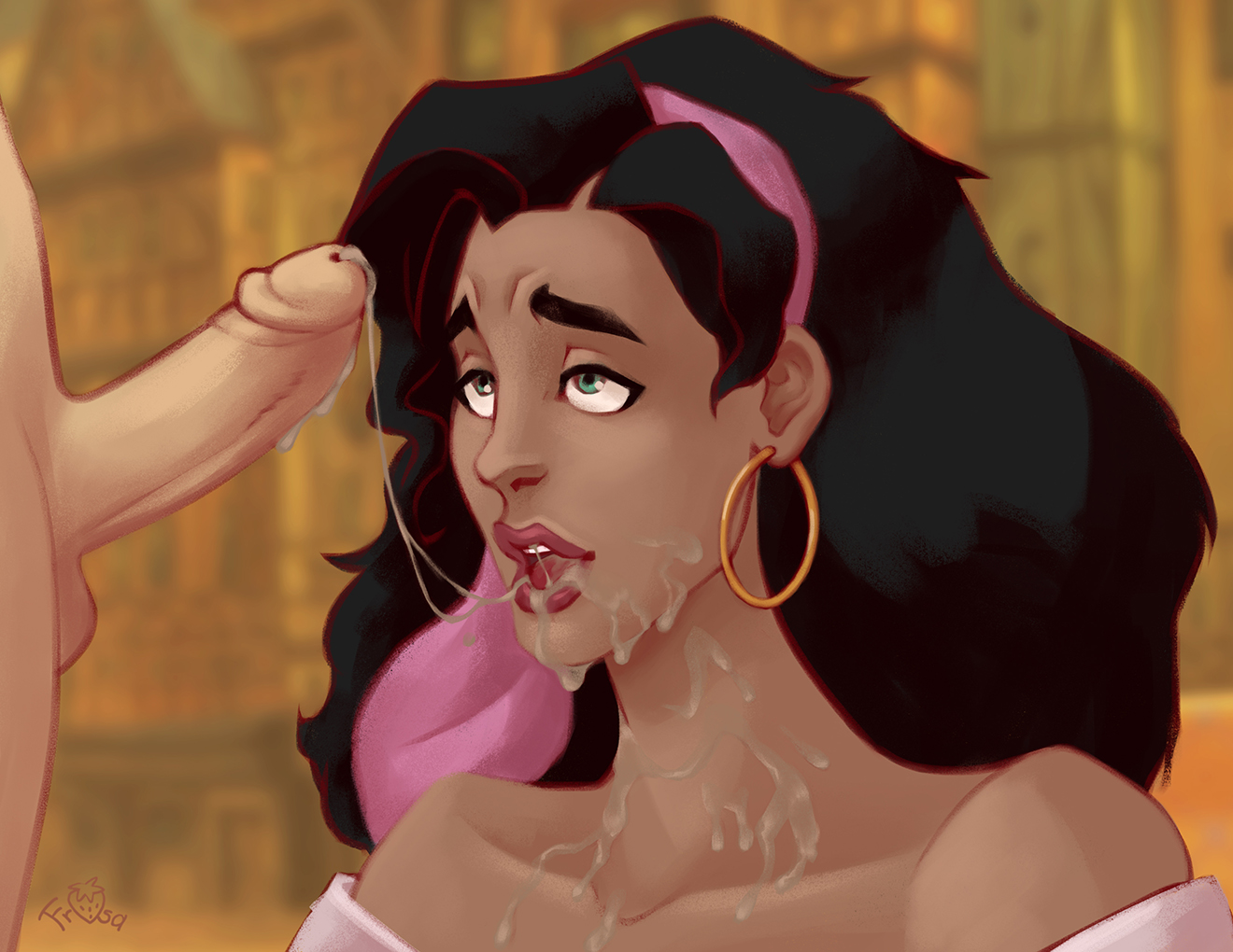 1boy, 1girls, after fellatio, balls, black hair, cum, cum in mouth, cum on face, cum on upper body, dark skin, dark-skinned female, disney, ear ring, esmeralda, female, green eyes, gypsy, hair ribbon, interracial, light skin, light-skinned male, looking up, male, penis, testicles, the hunchback of notre dame