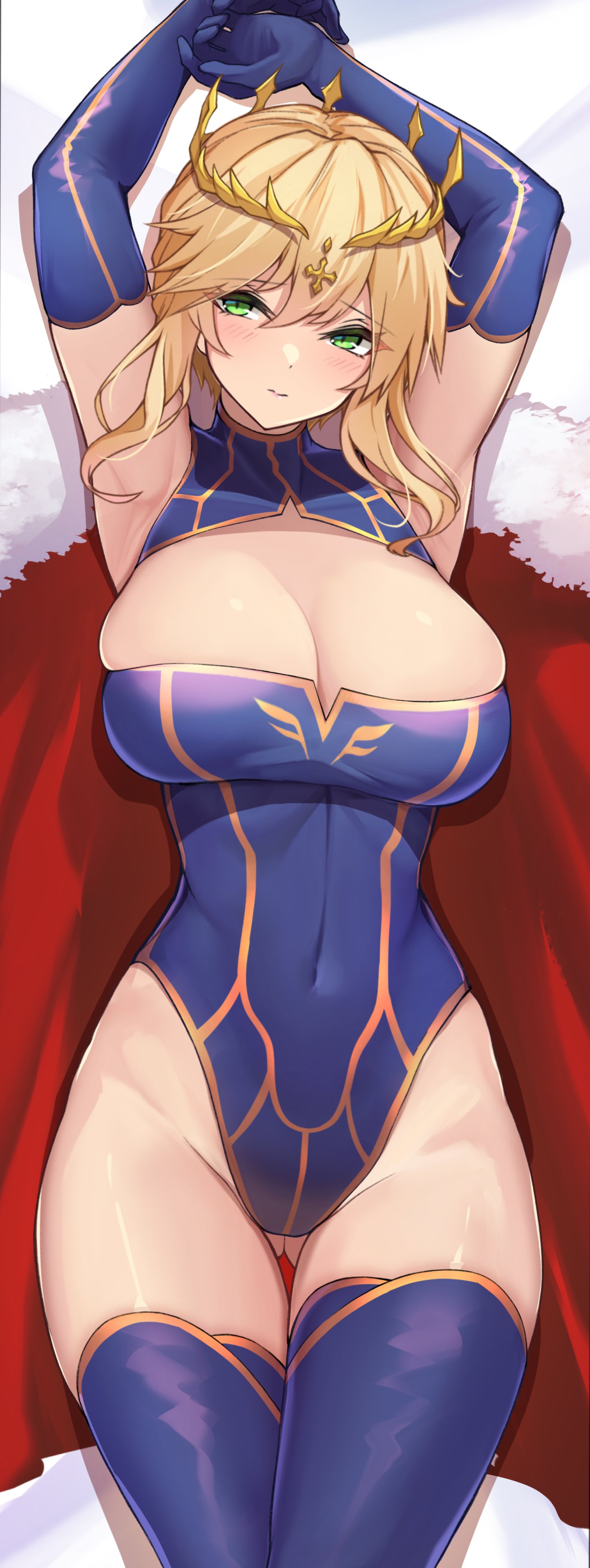 absurdres armpits arms_up artoria_pendragon artoria_pendragon_(fate) artoria_pendragon_(lancer) artoria_pendragon_(lancer)_(fate) ass_visible_through_thighs big_ass big_breasts blue_gloves blue_legwear blue_leotard blush body_pillow boob_window breasts cleavage cleavage_cutout cloak clothing_cutout covered_navel cowboy_shot crown curvy dakimakura embarrassed eyebrows_visible_through_hair fate/grand_order fate_(series) female fur-trimmed_cloak fur_trim gloves green_eyes groin highres hourglass_figure huge_ass huge_breasts large_ass large_breasts large_penis leotard looking_away lying lying_down lying_on_back lying_on_bed on_back oserotto red_cloak rikiddo_(tise_00) shy skin_tight solo thick_ass thick_thighs thigh_gap thighhighs tise_00 two-tone_leotard voluptuous